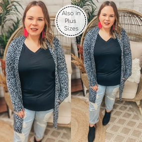 Last Chance Small | Put Me In The Spotlight Leopard Open Front Cardigan in Grey Reuse Mode Cozy Pullover