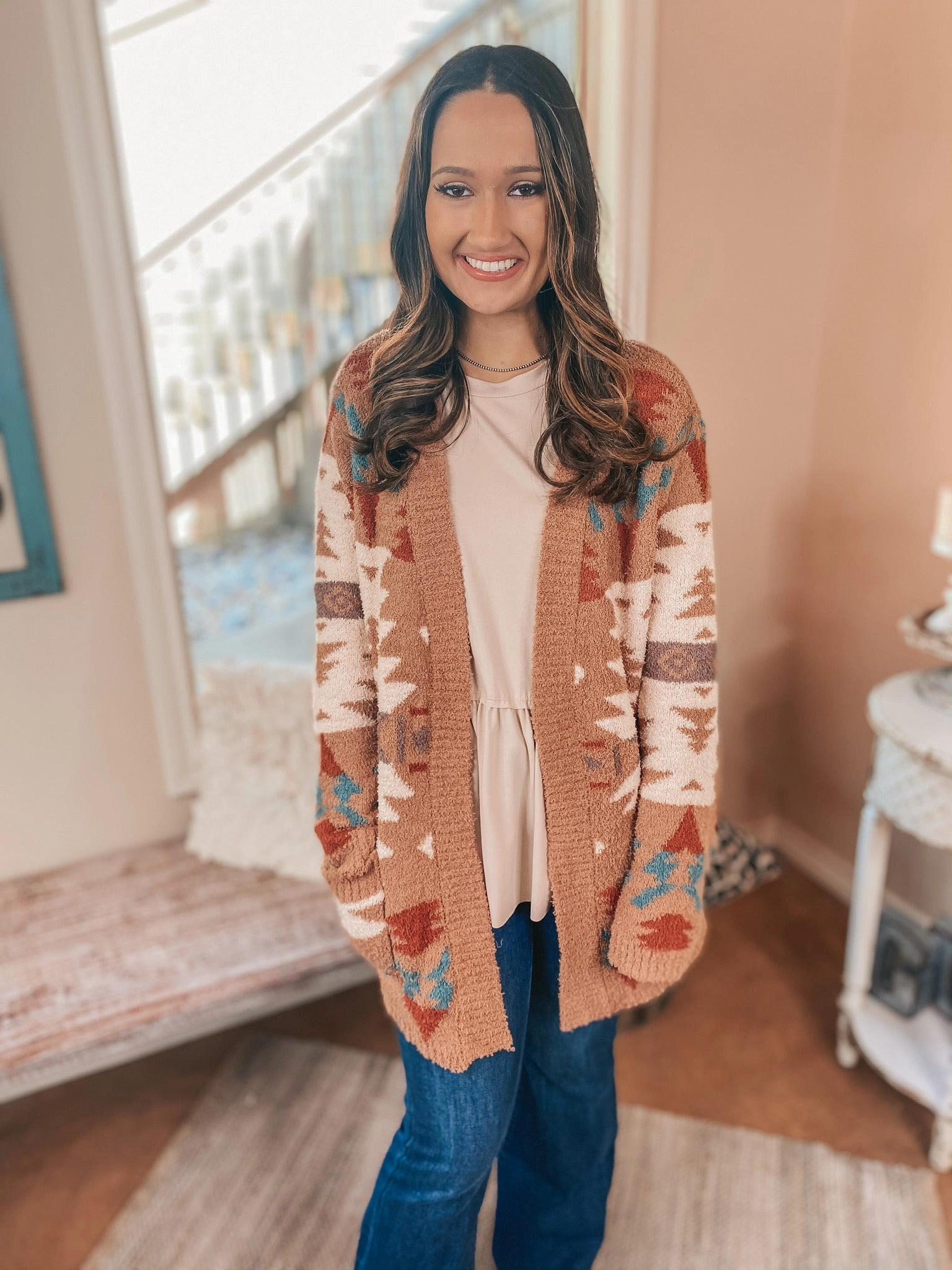 AntiPillingCloth Snuggles in Sheridan Aztec Print Open Front Cardigan in Tan
