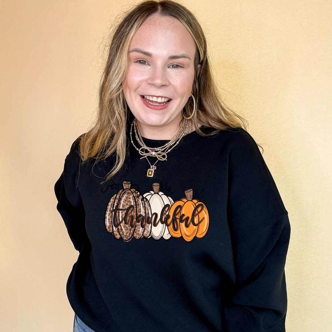 Online Exclusive | Thankful Pumpkins Cheetah, white and Orange Graphic Sweatshirt in Multiple Color Options FunctionalPockets Embroidered Details