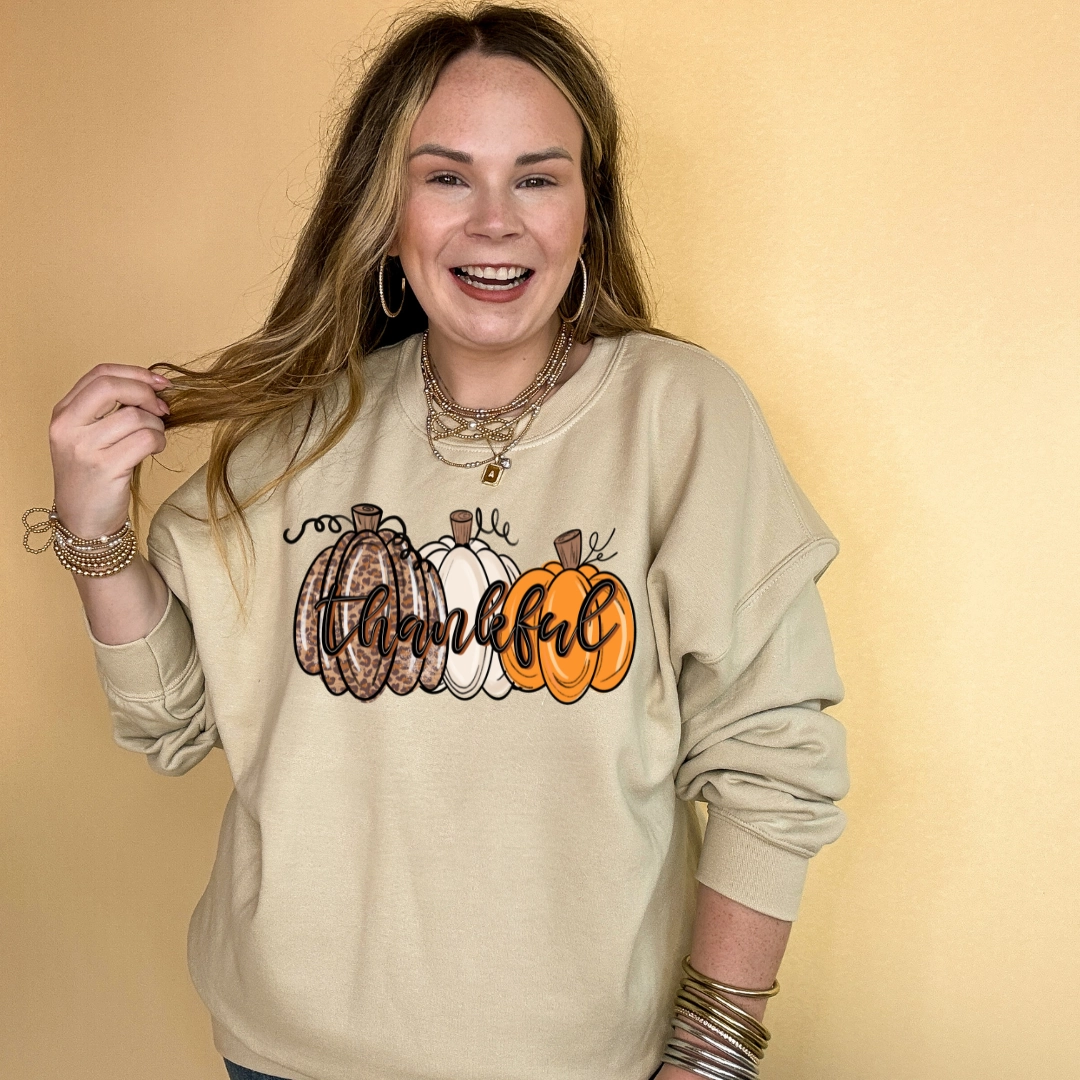 Timeless Style Online Exclusive | Thankful Pumpkins Cheetah, white and Orange Graphic Sweatshirt in Multiple Color Options