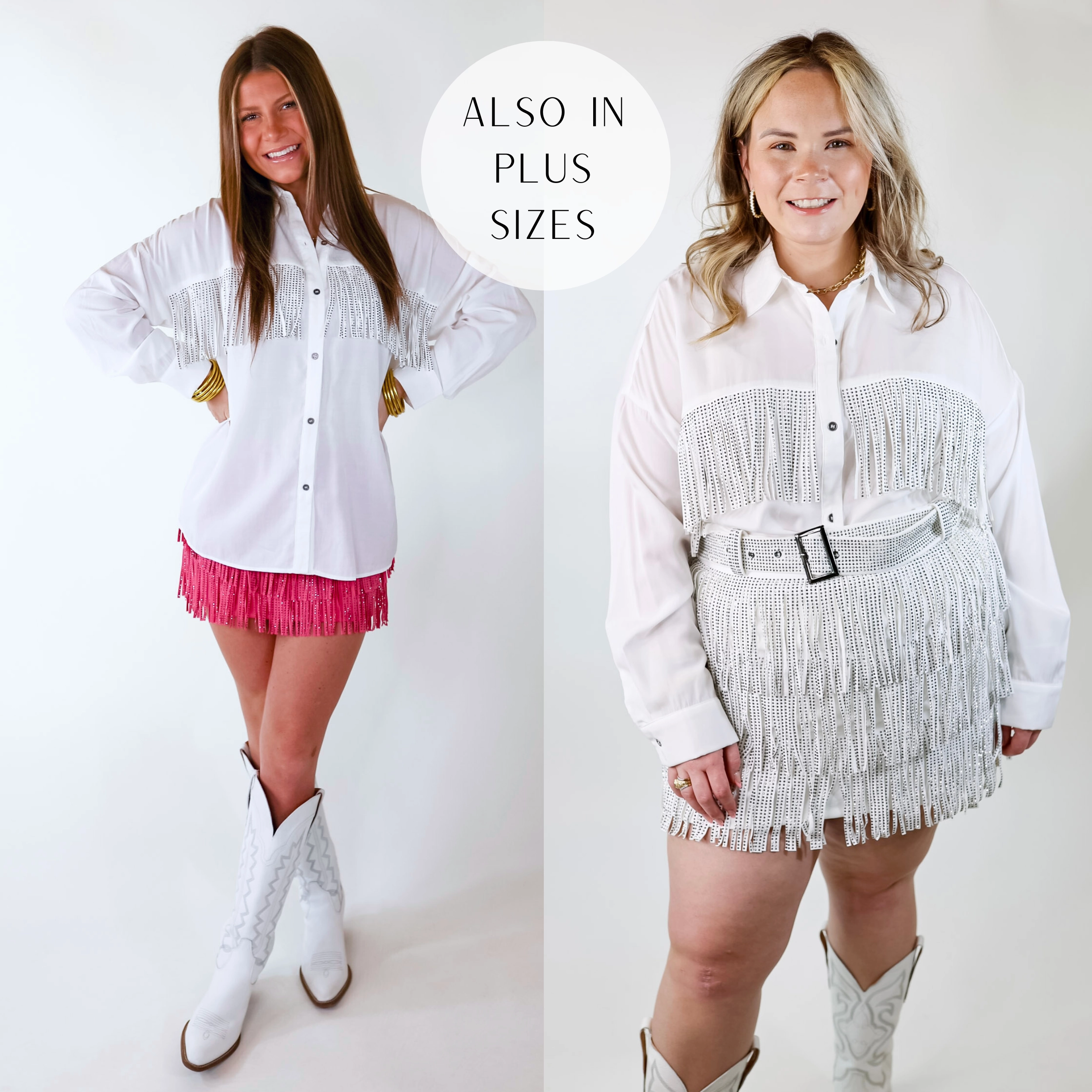 BalancedDrape All That Shimmers Crystal Fringe Button Up Top with Long Sleeves in White