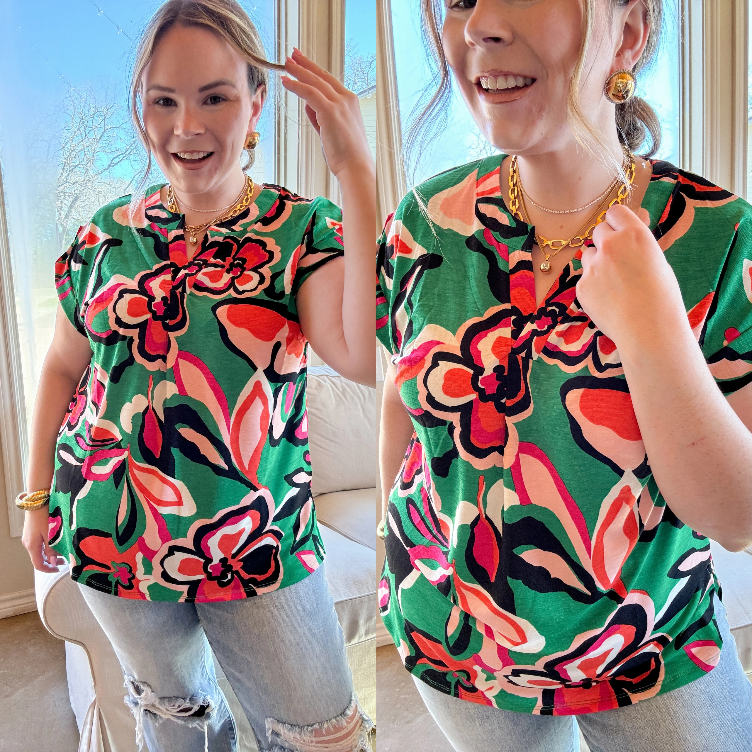 One-Piece Wear QuickReleaseFastener Downtown Darling Floral Print Short Sleeve Tunic Top in Green Mix