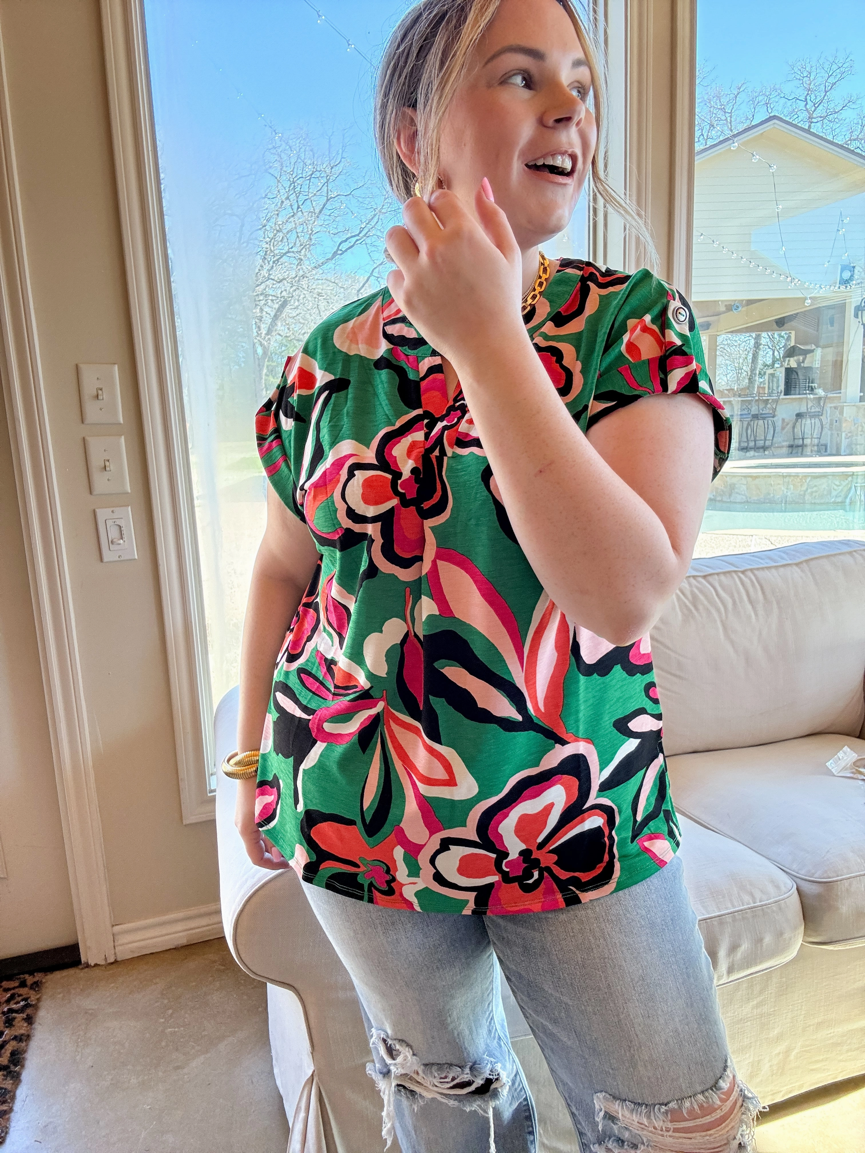 Downtown Darling Floral Print Short Sleeve Tunic Top in Green Mix Bold Step