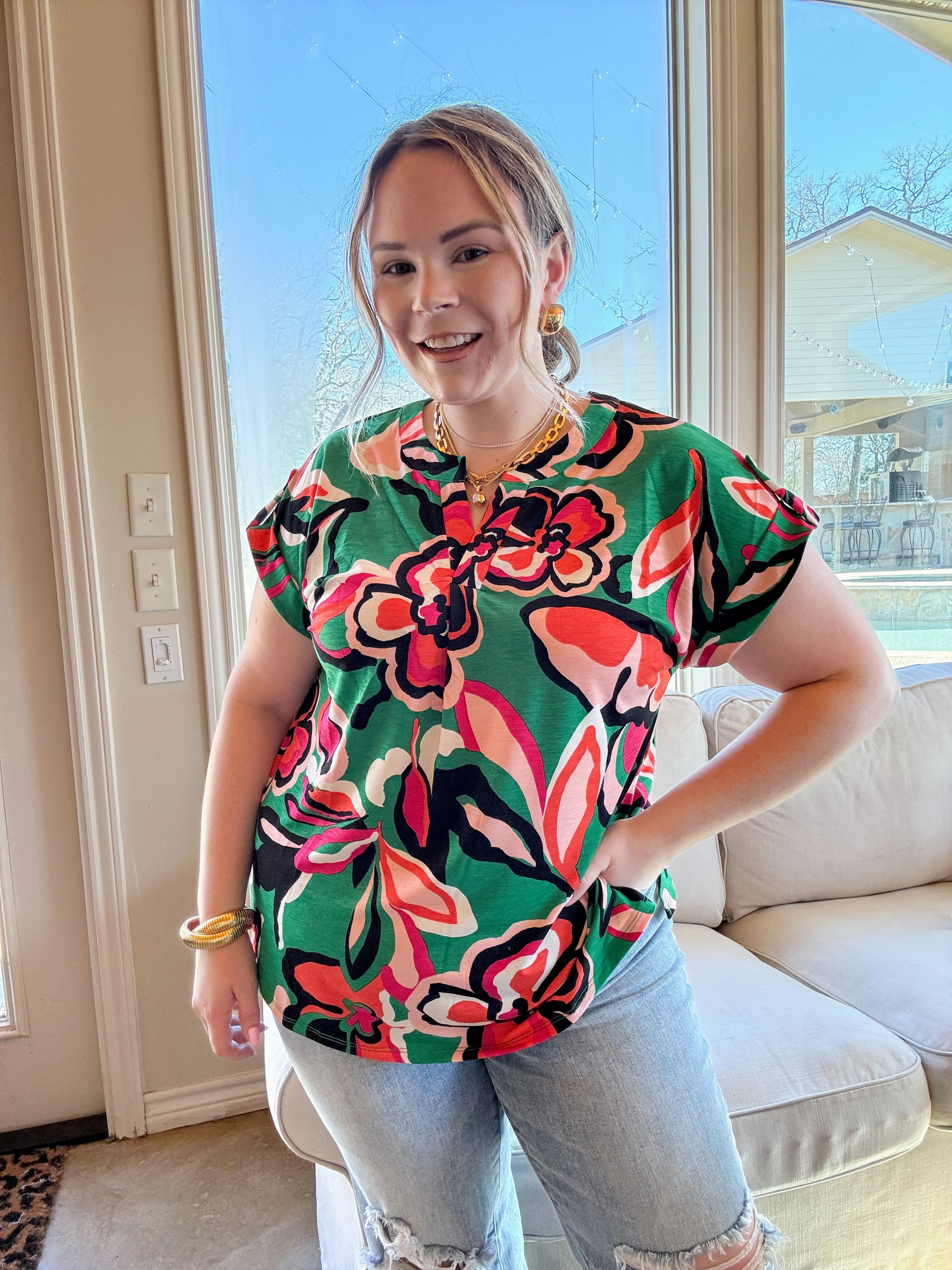 Comfortable Sweater Spanish Glow Downtown Darling Floral Print Short Sleeve Tunic Top in Green Mix