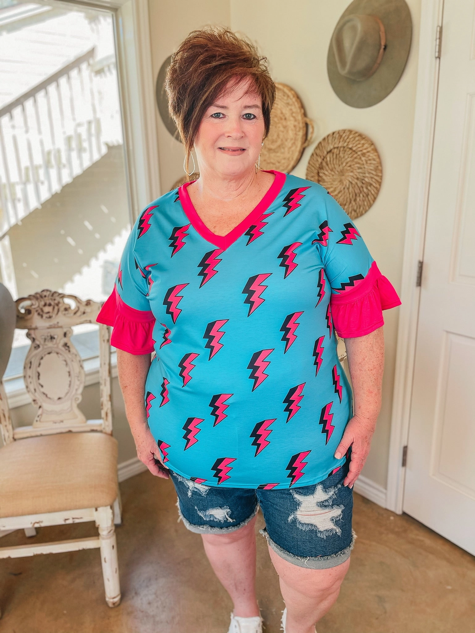 QuickPackable Design Trans Glow Last Chance Size Small | Saved By the Bell Fuchsia Lightning Bolt V Neck Top with Ruffle Sleeves in Turquoise