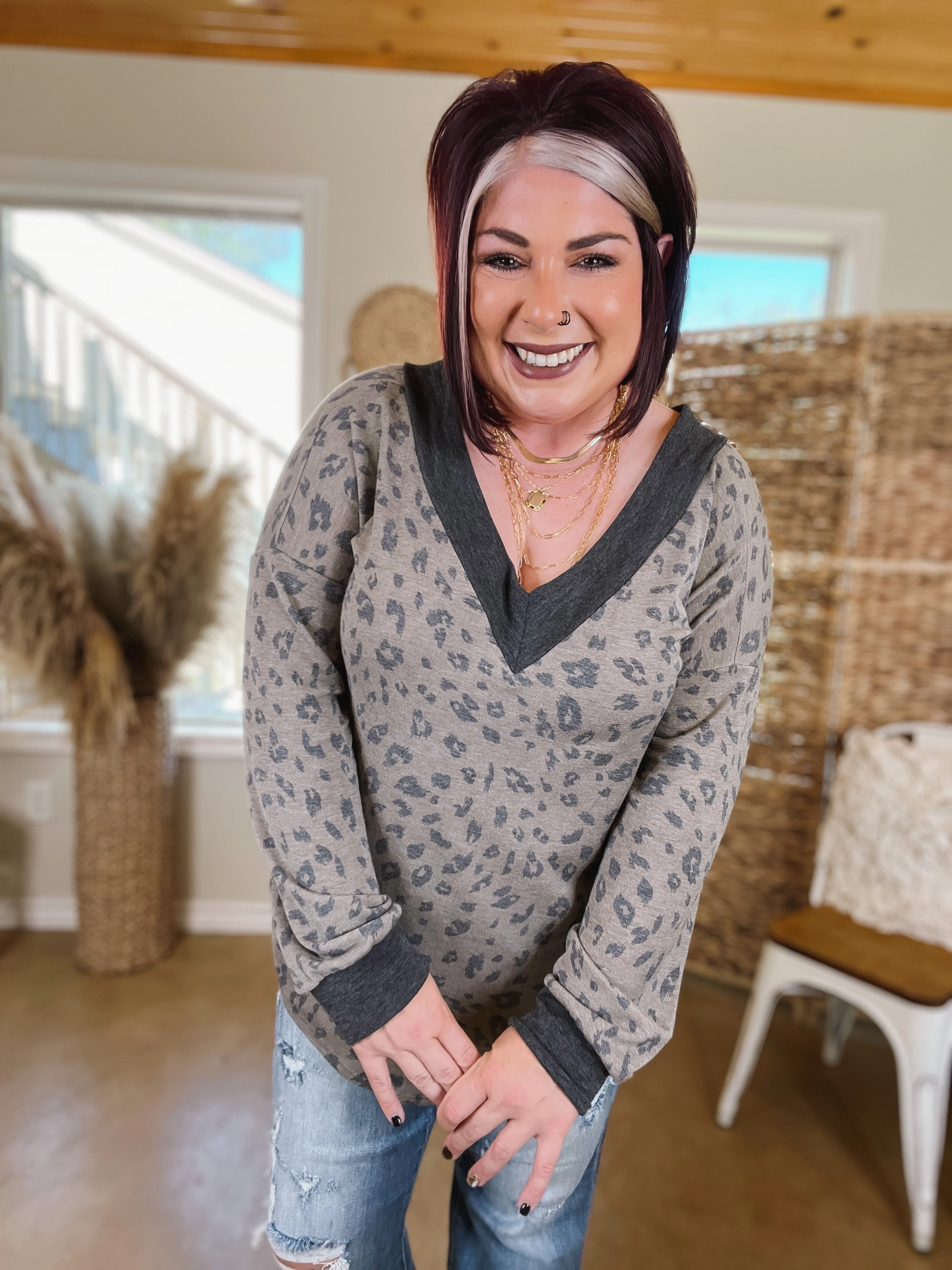 AntibacterialMaterial Last Chance Size Small | Modern Twist Leopard Long Sleeve Top with V Neckline in Mocha Grey