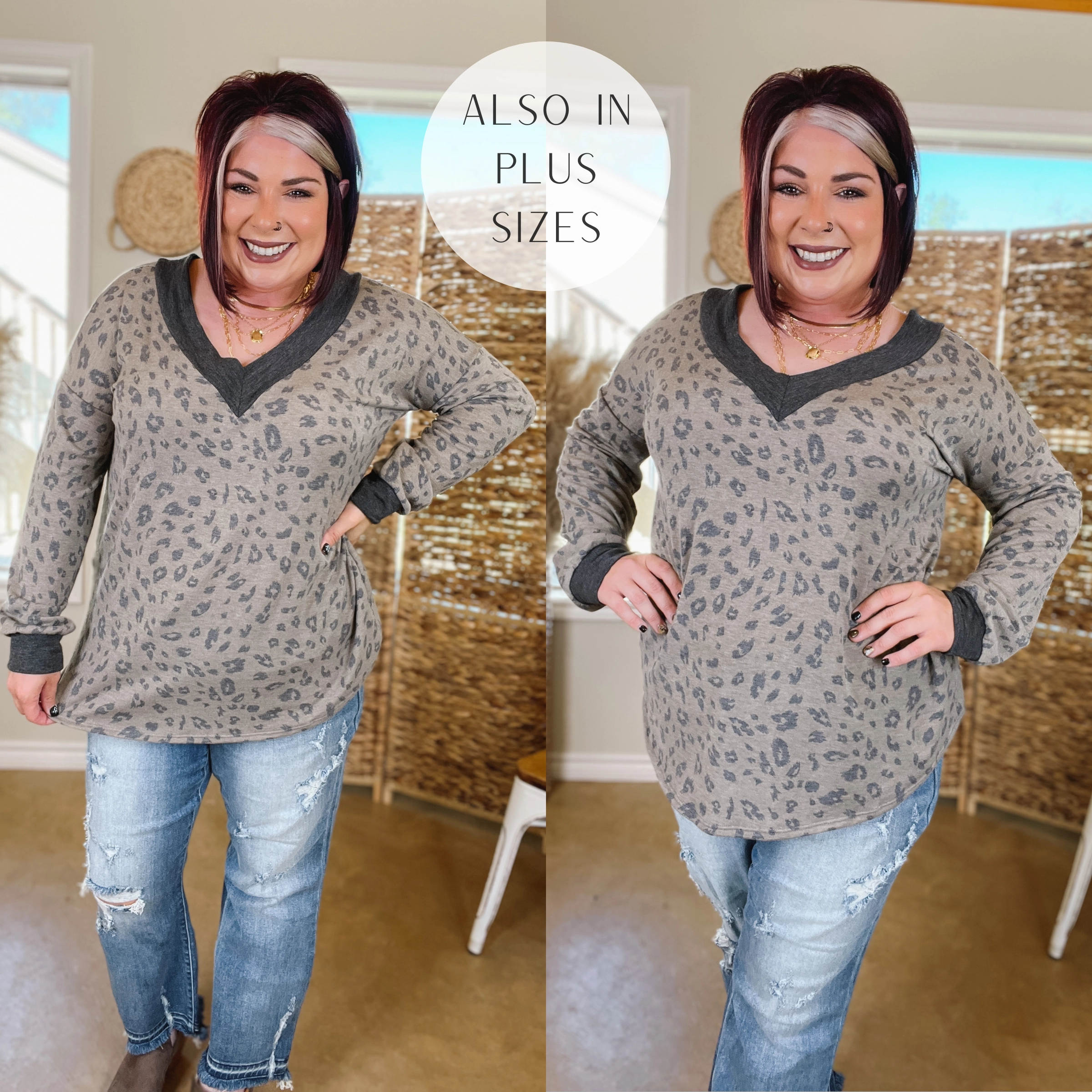 Last Chance Size Small | Modern Twist Leopard Long Sleeve Top with V Neckline in Mocha Grey Regular Fit