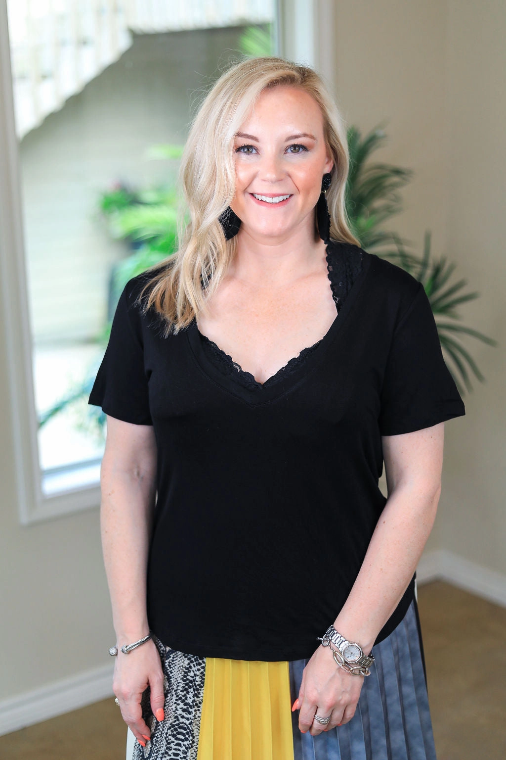 SustainableYarnBlend Last Chance Size Small | Sugar and Spice Deep V-Neck Short Sleeve Tee in Black