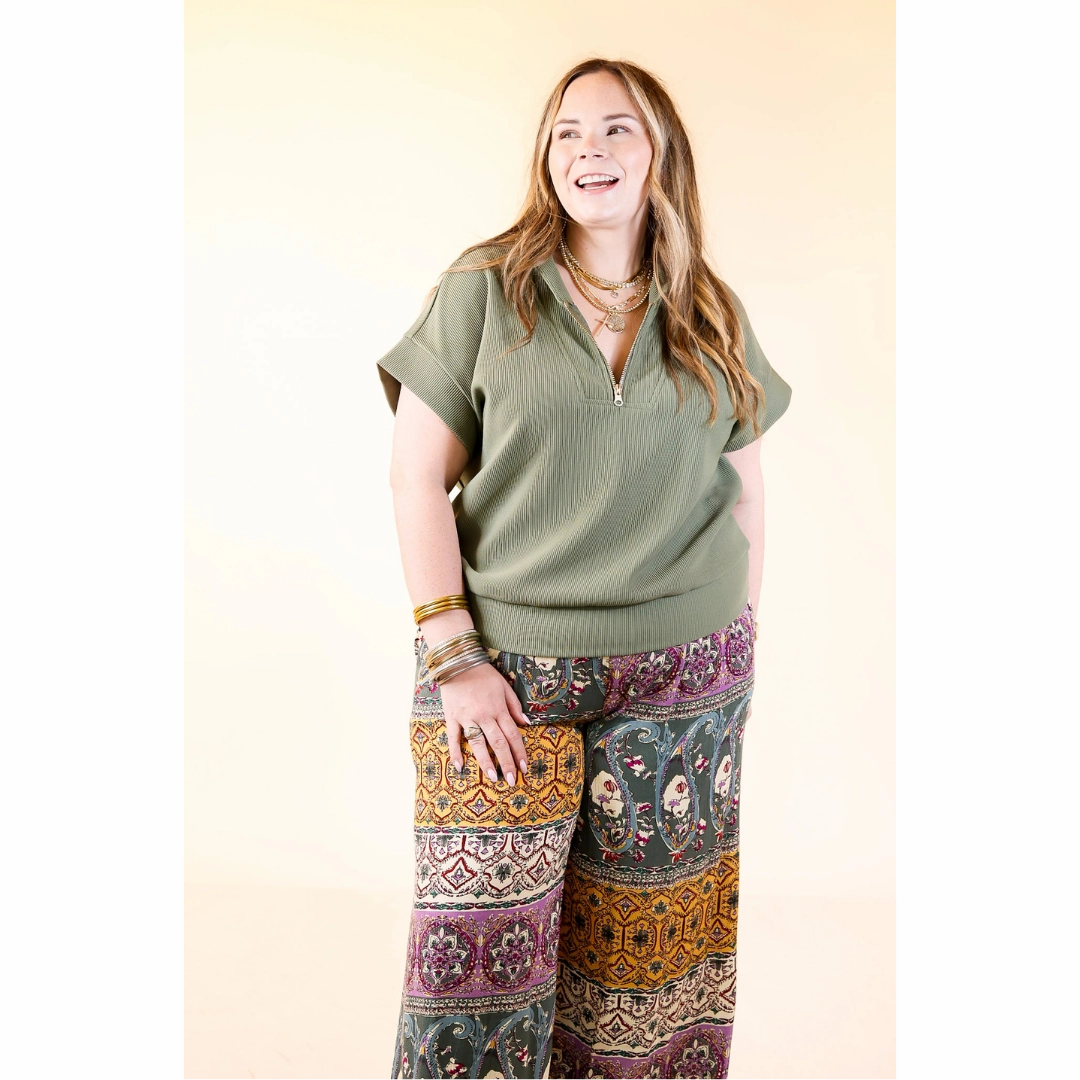 Non Restrictive Mobility Top Priority Half Zip Collared Ribbed Top in Olive Green