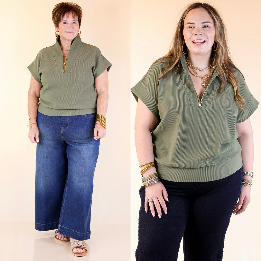 Simple Fit Top Priority Half Zip Collared Ribbed Top in Olive Green