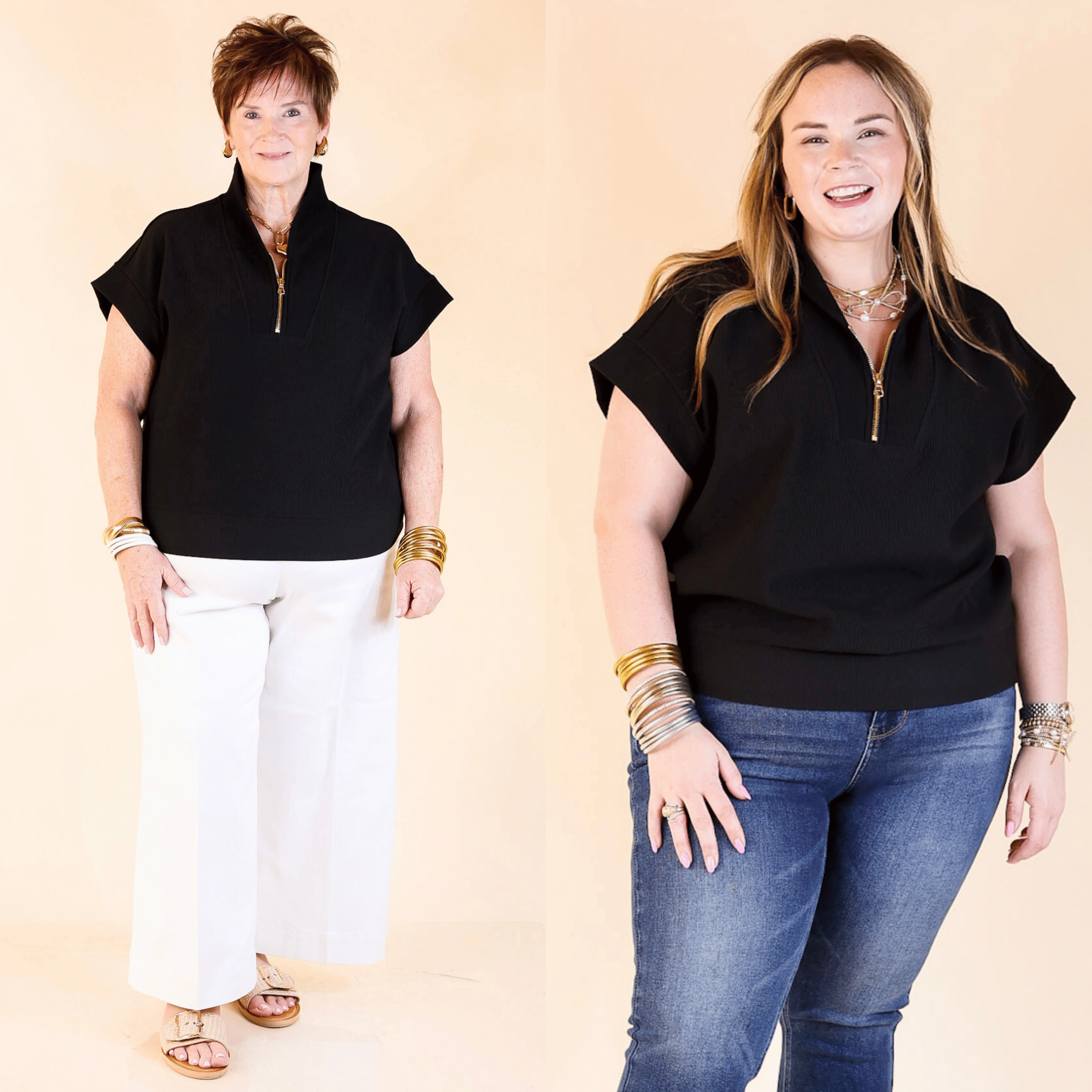 Top Priority Half Zip Collared Ribbed Top in Black Spark Soul