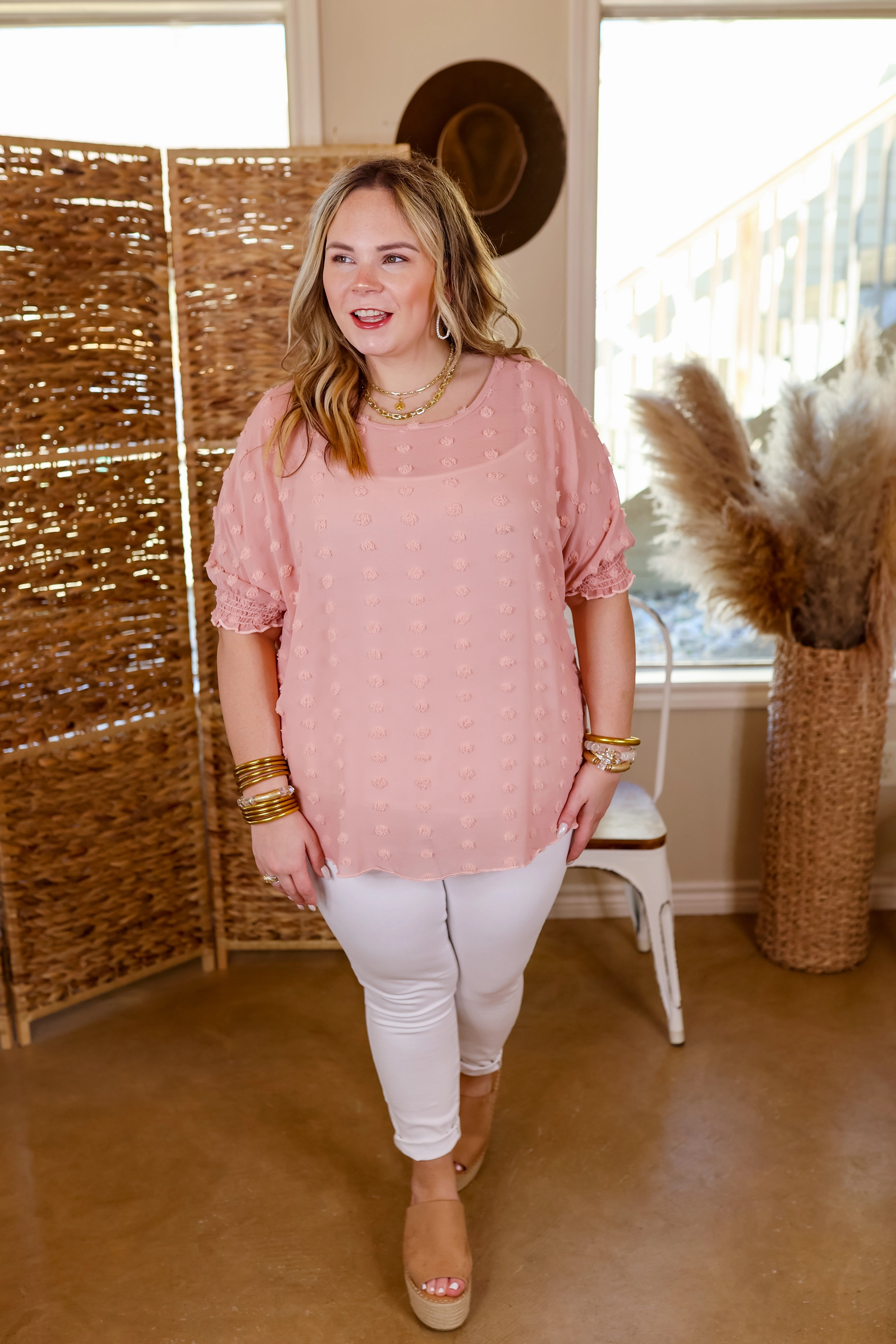 Changemaker Swiss Dot Top with Half Sleeves in Blush Pink Warm Pants