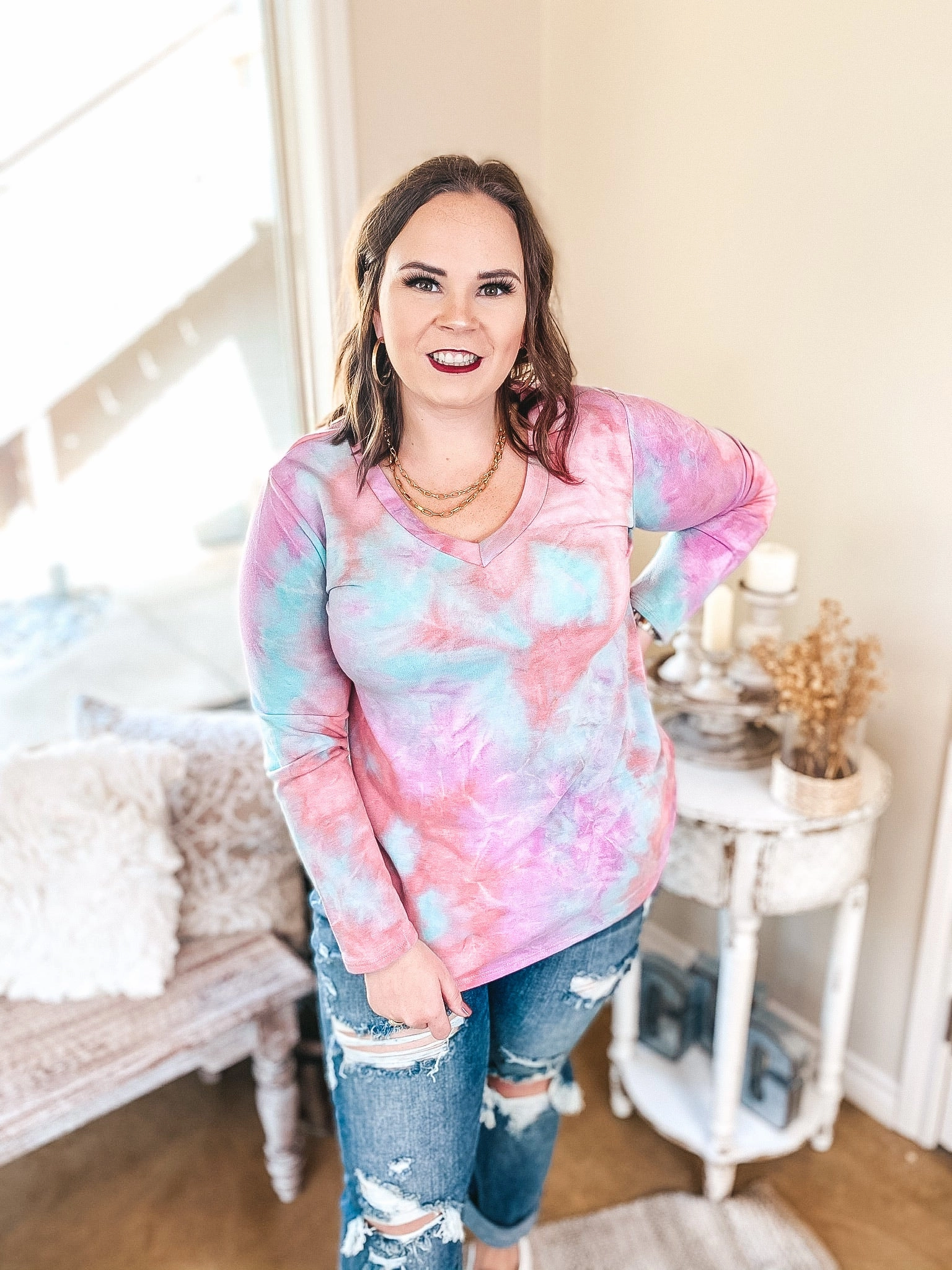 Last Chance Small & Medium | Keep Things Simple Long Sleeve Tie Dye V Neck Pullover Top in Mint and Purple ReinforcedHem EcoDye Process