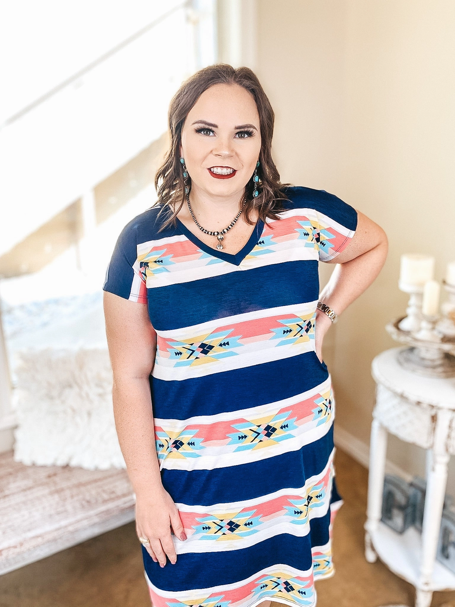 FadeResistantColors Summer Ready Last Chance Size Small & Medium | Keep Things Simple Horizontal Striped Aztec Print V Neck Dress in Navy