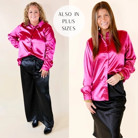 Design Glow Down To Disco Satin Long Sleeve Button Up Top in Magenta