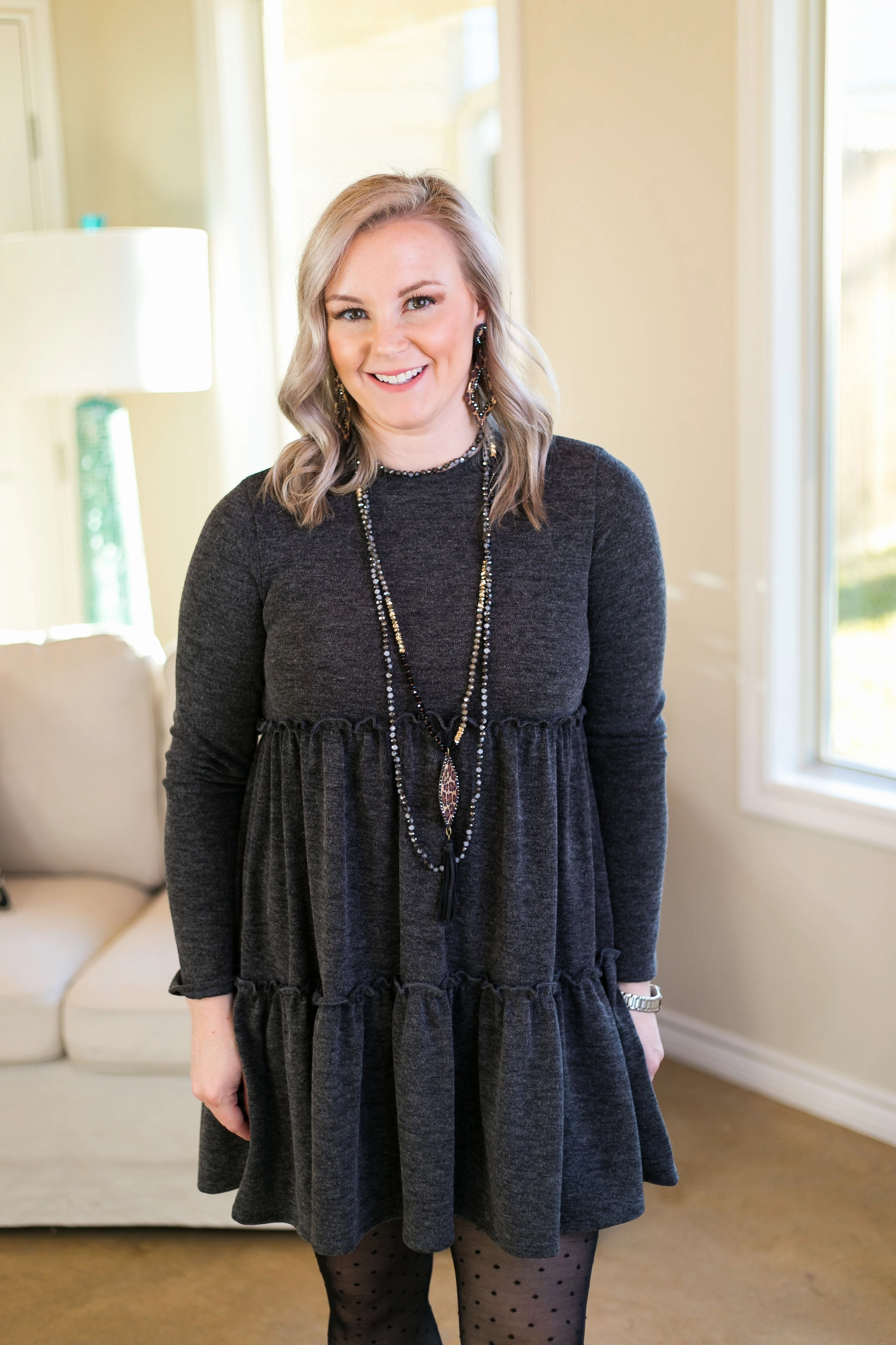 Last Chance Size Small | It's Your Time Long Sleeve Tiered Baby Doll Tunic in Charcoal Grey Open Heart ZeroChafeSeams