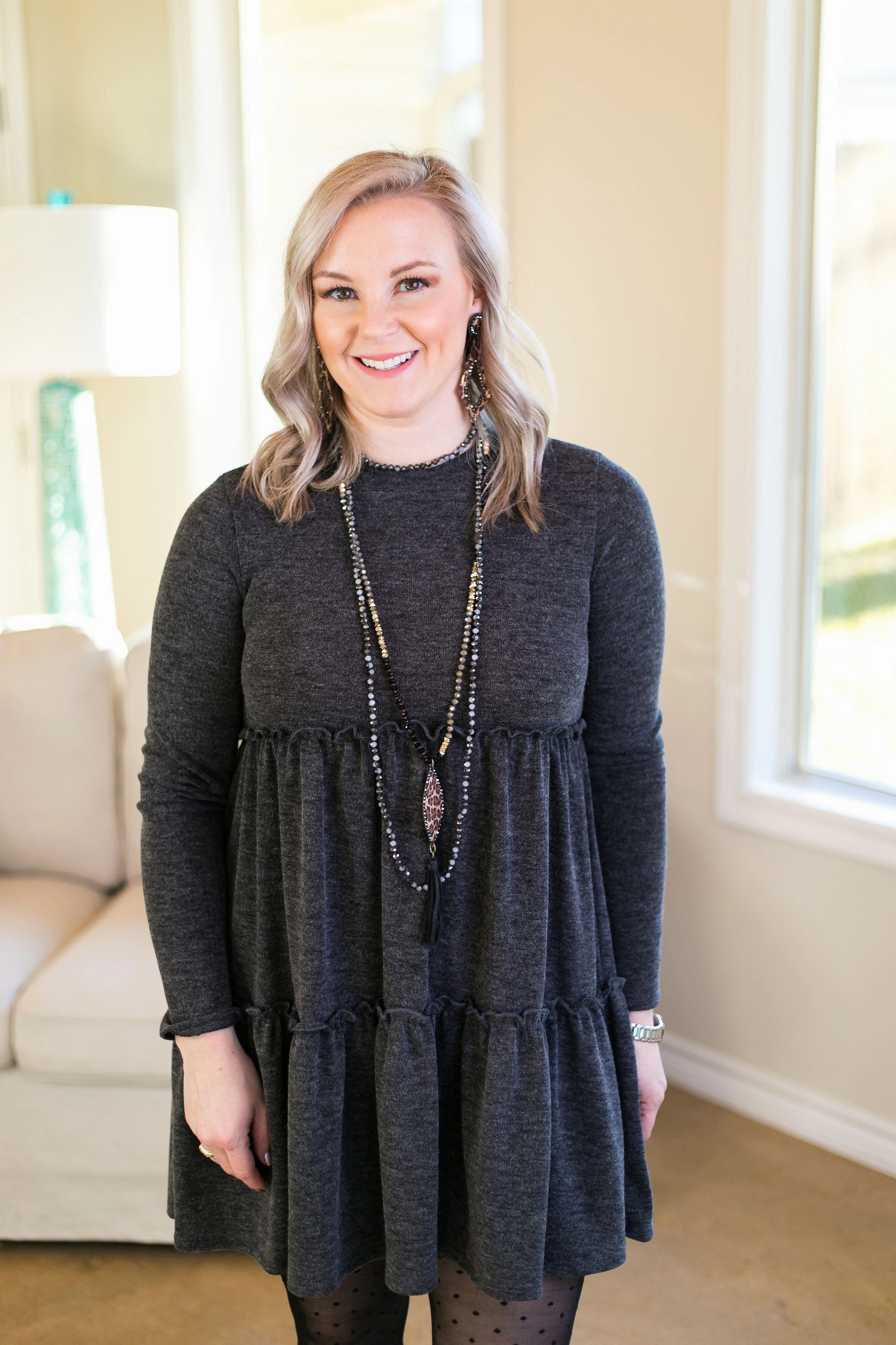 Last Chance Size Small | It's Your Time Long Sleeve Tiered Baby Doll Tunic in Charcoal Grey Formal Wear Low Care