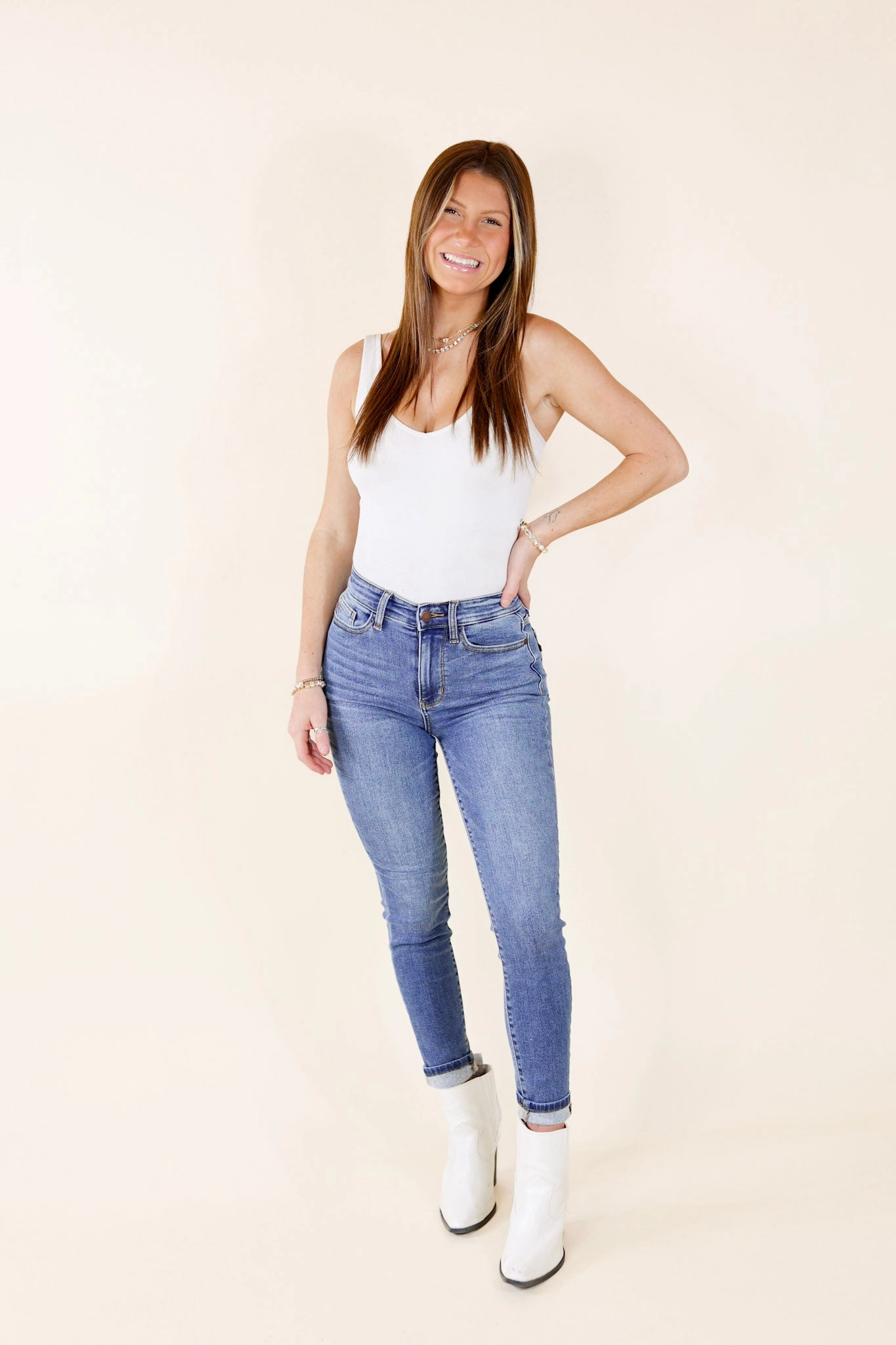 Last Chance Size 0, 20W, 22W & 24W | Judy Blue | Beautiful Routine Thermal Skinny Jeans in Medium Wash ReinforcedHems Snow Ready