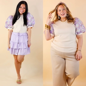 Cool Vest Spring Girls Multi-Color Geometric Stripe Tulle Balloon Sleeve Top in Purple