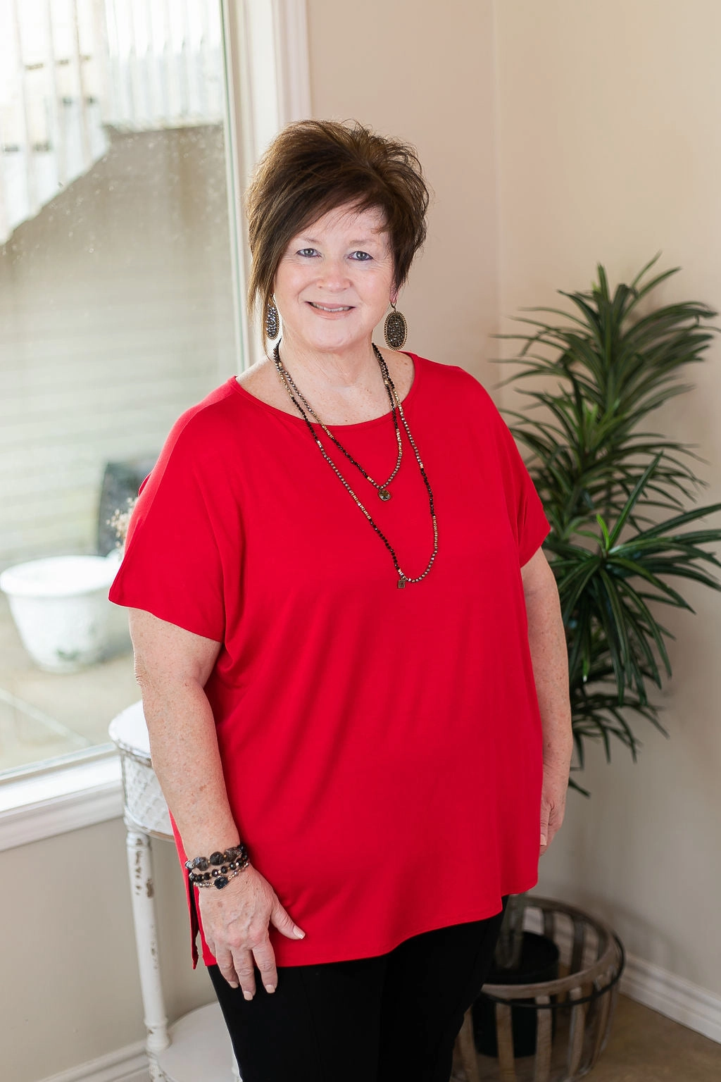 Last Chance Size Small & Medium | Everyday Basics Drop Sleeve Solid Piko Top in Red Seamless Design Lightweight Material