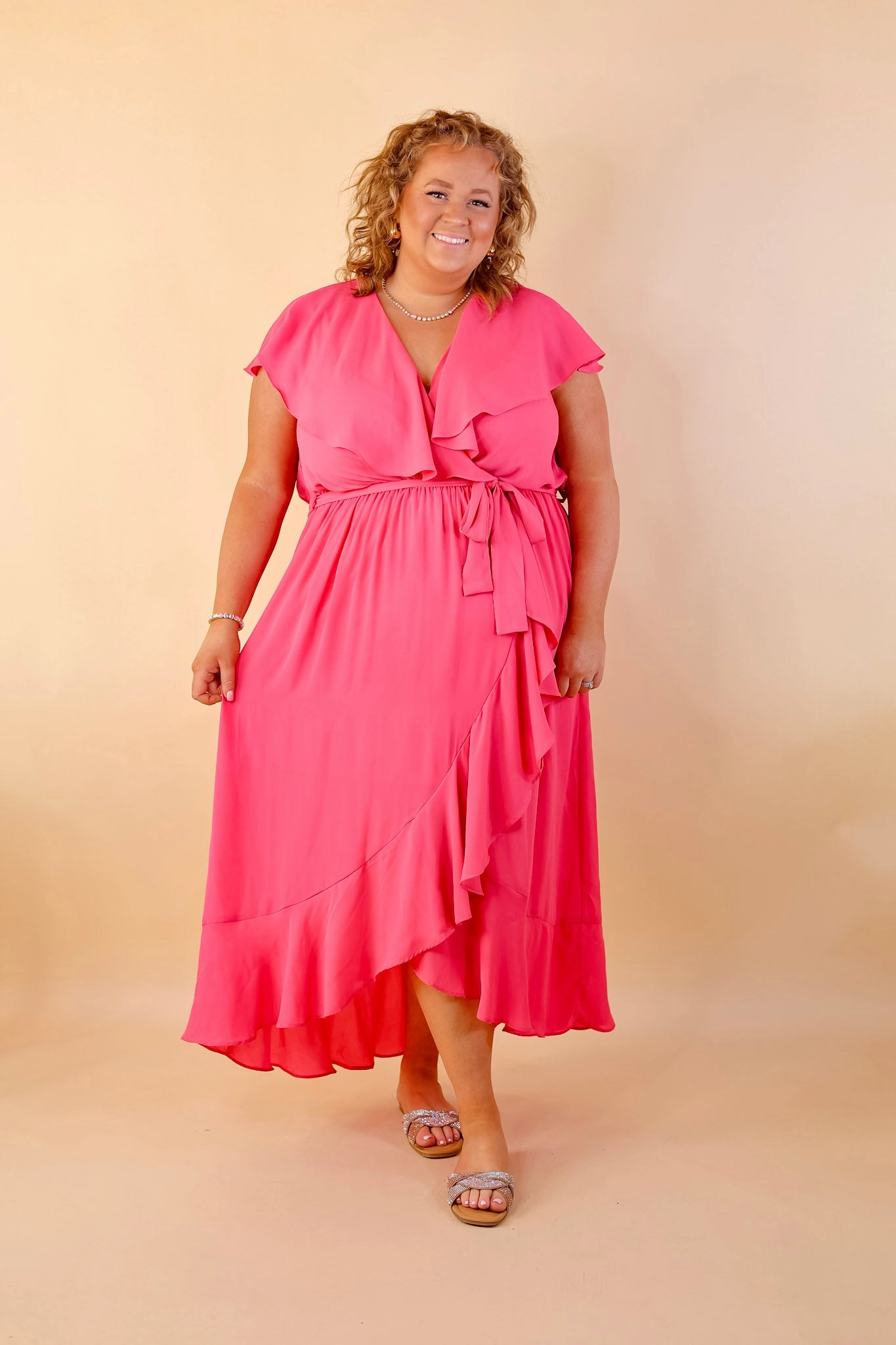 Tranquil Touch Ruffle Midi Dress with Waist Tie in Pink Versatile Hat Calm Tone