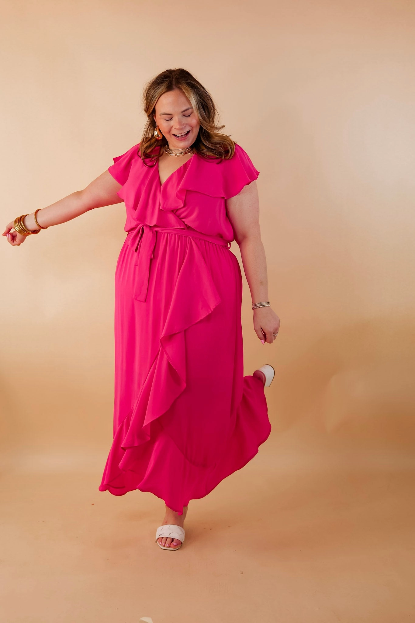 Effortless Fashion Fable Core Tranquil Touch Ruffle Midi Dress with Waist Tie in Pink