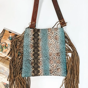Reinforced Hem AntiPilling Fabric Keep It Gypsy | Hazel Bag in Turquoise Snake Print with Leather Fringe and Tooled Purse Strap