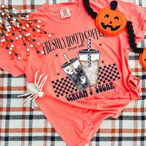 Online Exclusive | Freshly Boo??d Coffee Graphic on Short Sleeve Comfort Color Tee in Melon Orange Oversized Cut Breathable Performance