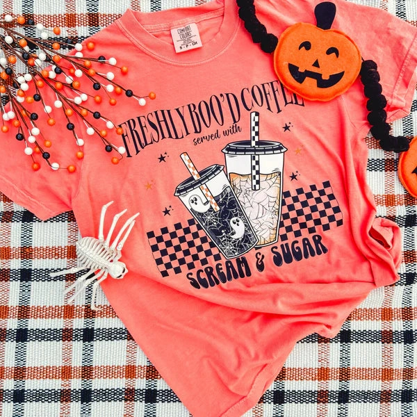 Online Exclusive | Freshly Boo??d Coffee Graphic on Short Sleeve Comfort Color Tee in Melon Orange Oversized Cut Breathable Performance