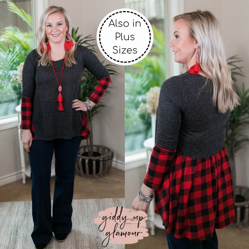 HypoallergenicFabric Simple Wear Last Chance Size Small | Perfect Timing Charcoal Top with Red Buffalo Plaid Accent