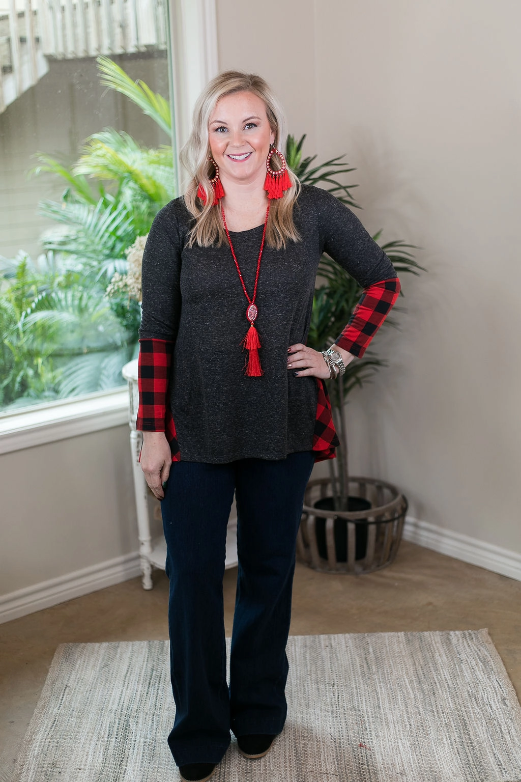 Last Chance Size Small | Perfect Timing Charcoal Top with Red Buffalo Plaid Accent Design Soul