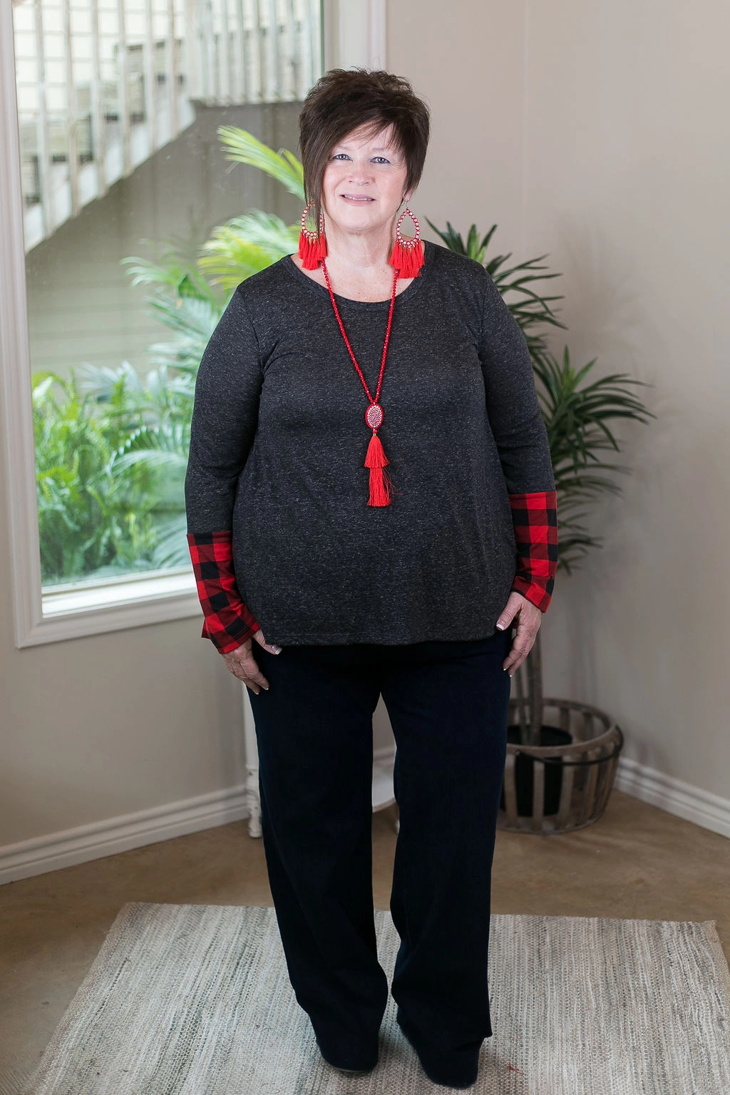 Seasonal Style Last Chance Size Small | Perfect Timing Charcoal Top with Red Buffalo Plaid Accent