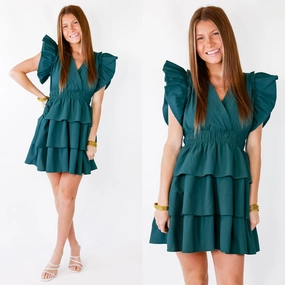 Last Chance Size Small | The Perfect Night Ruffle Cap Sleeve Dress in Dark Teal Timeless Fashion