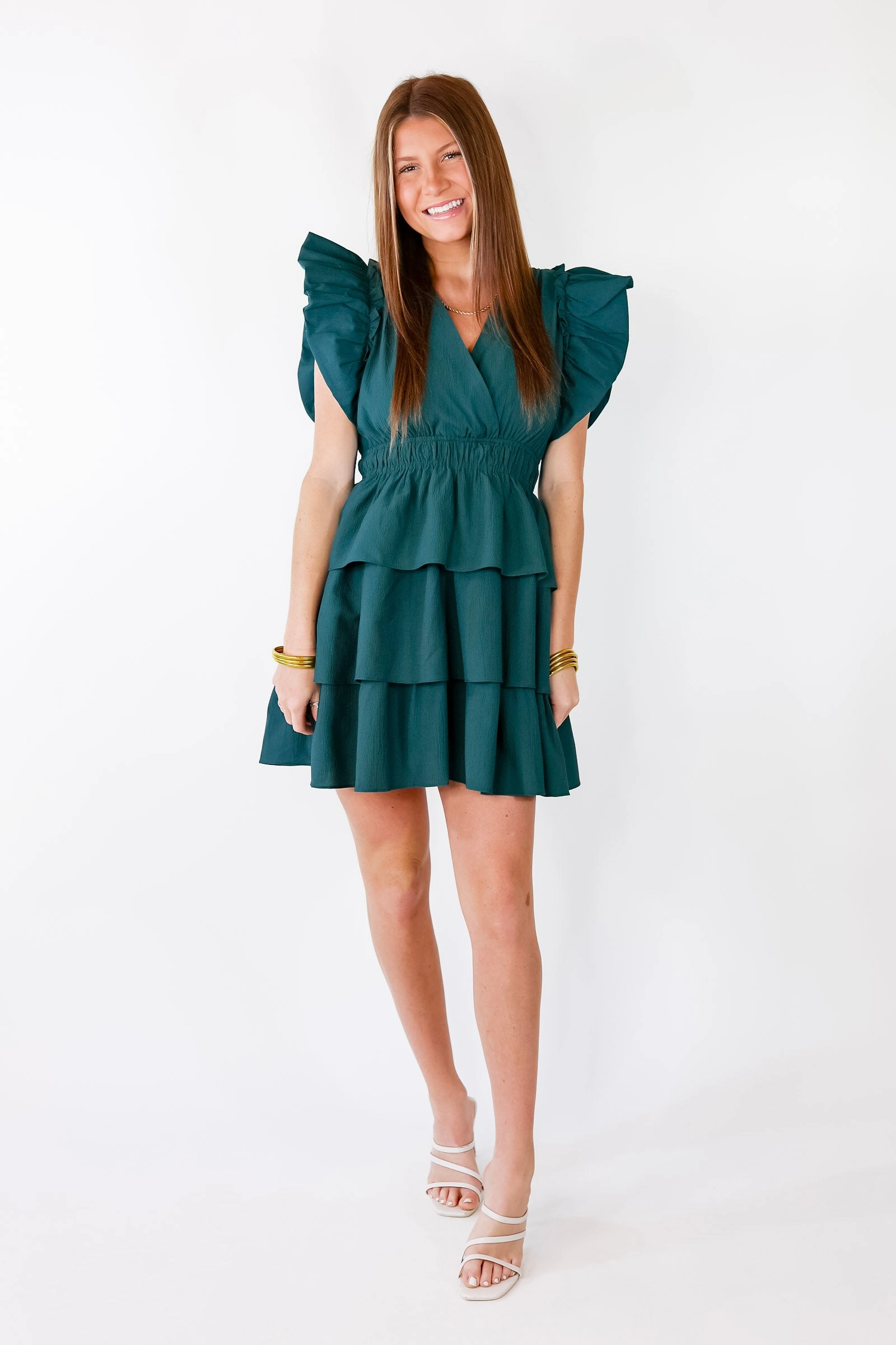 Last Chance Size Small | The Perfect Night Ruffle Cap Sleeve Dress in Dark Teal Stylish Hat Comfort Wear