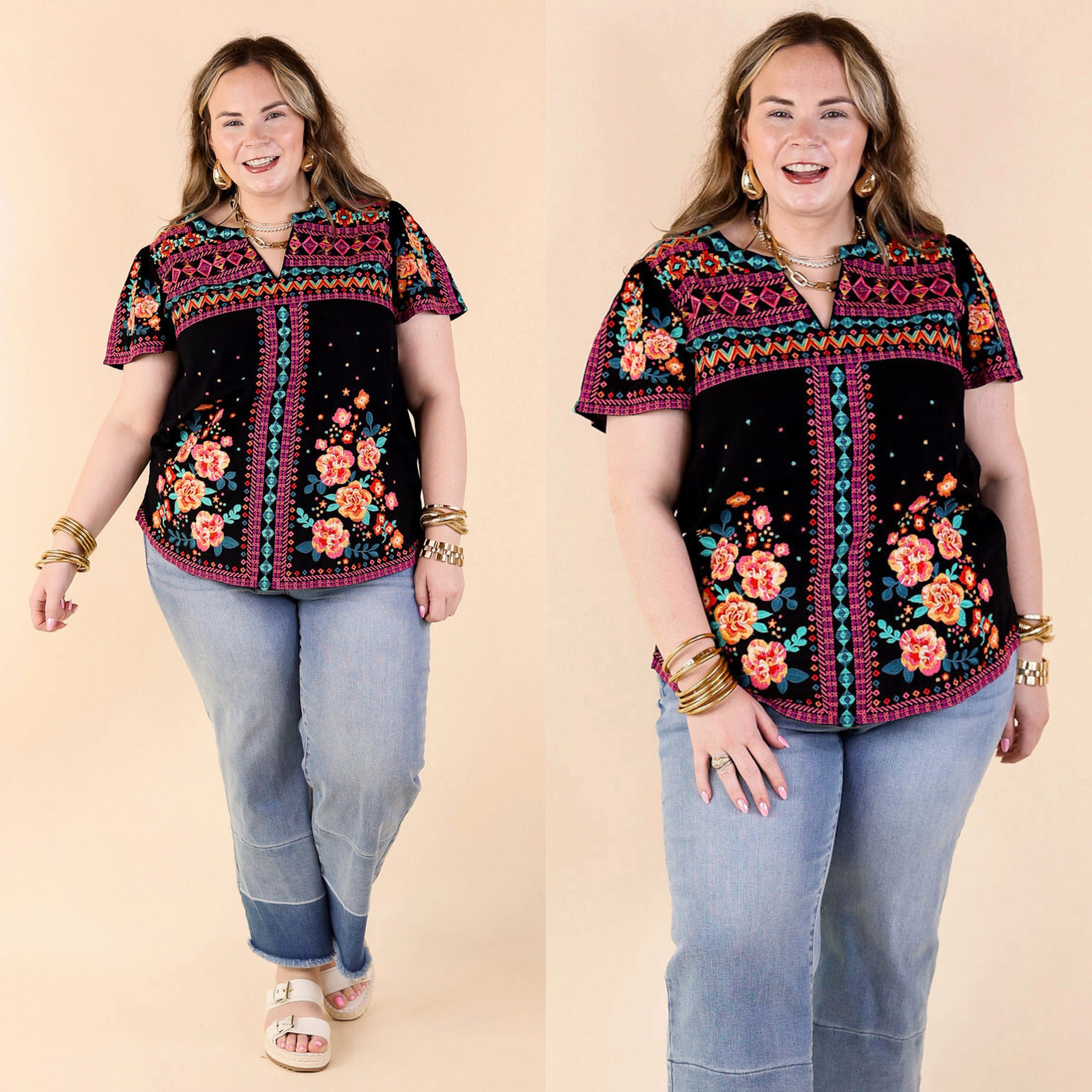 FadeResistant Coating Flowy Tunic On The Blog Notched Neck Embroidered Top in Black