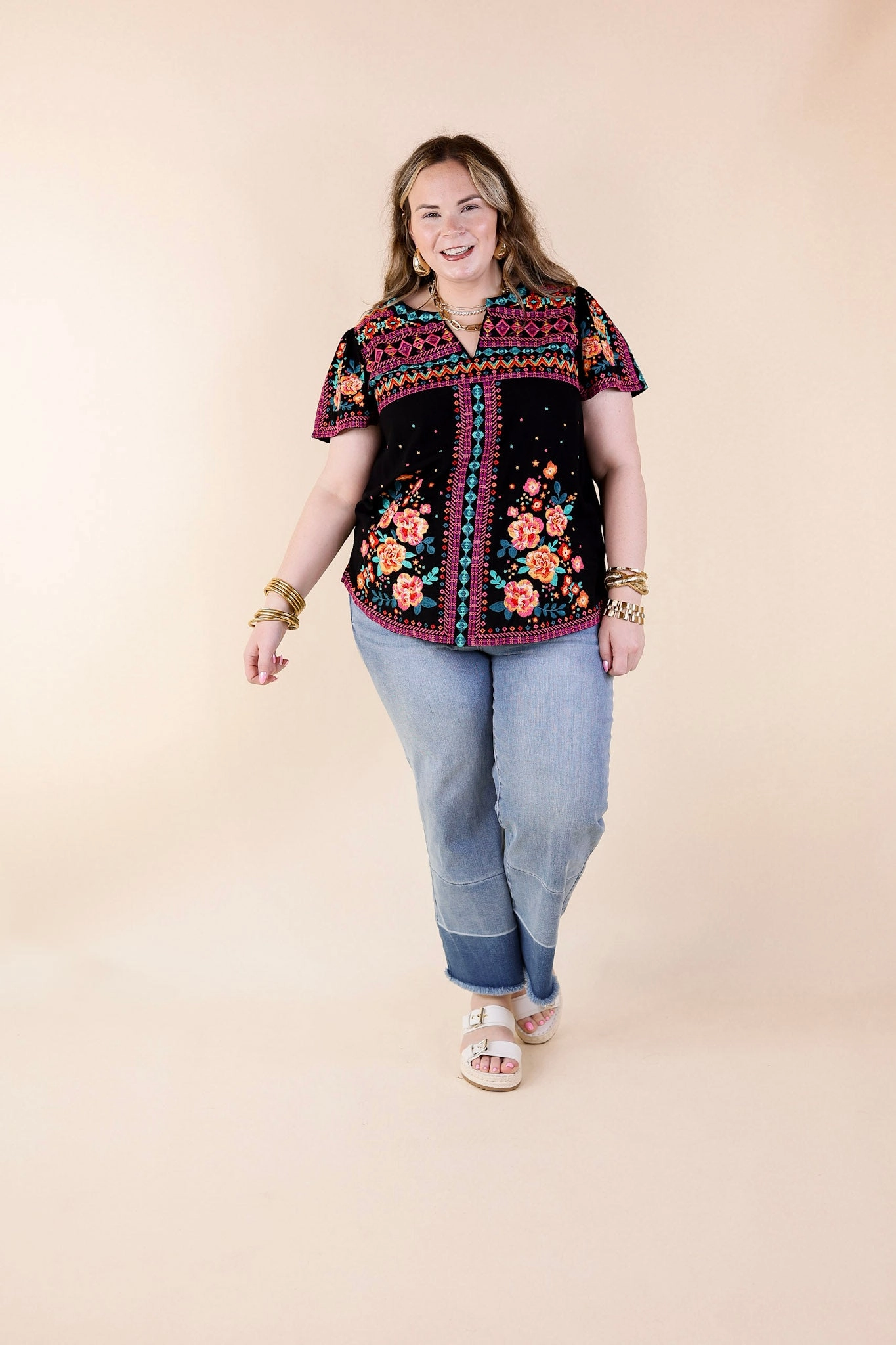 On The Blog Notched Neck Embroidered Top in Black ReinforcedStitching