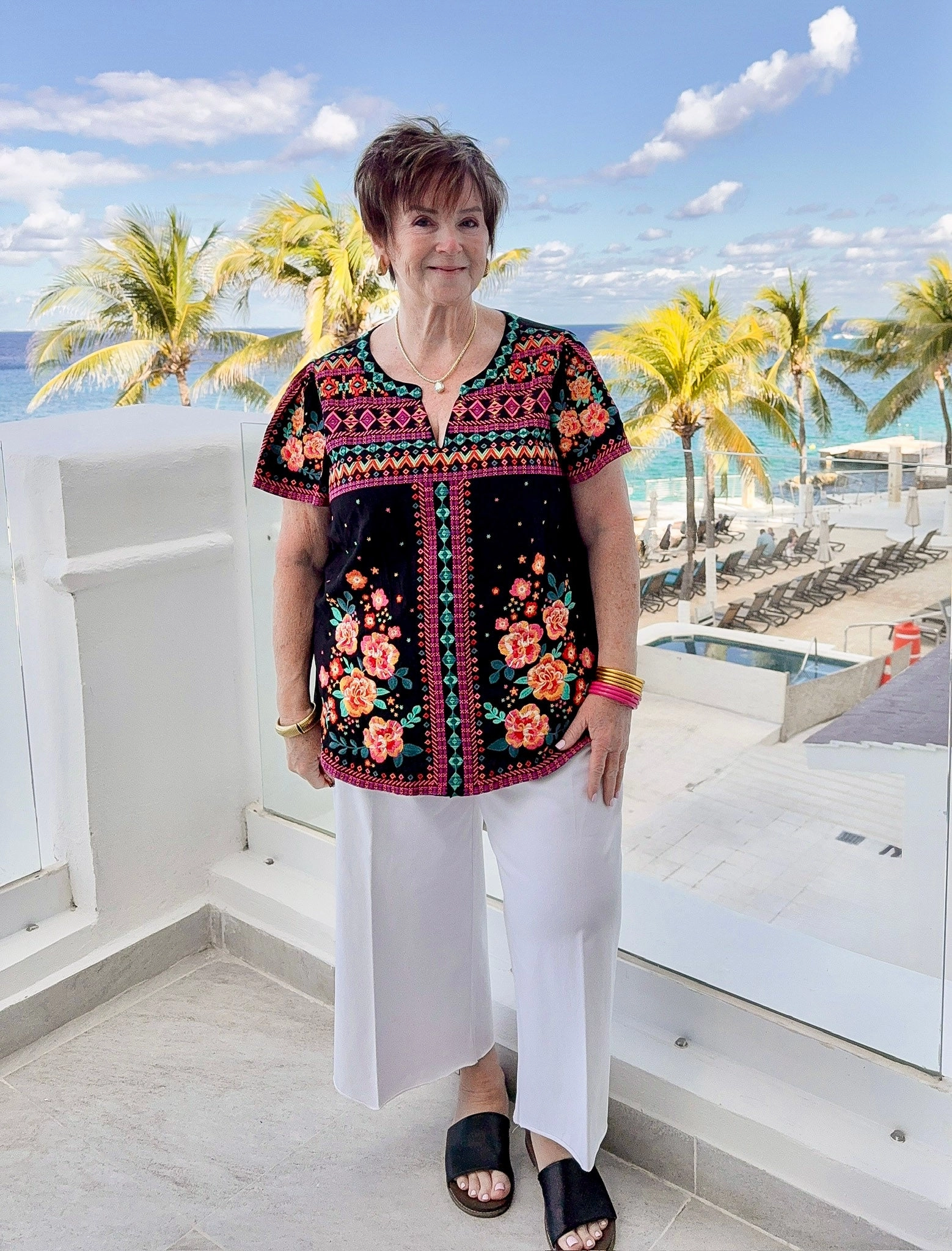 On The Blog Notched Neck Embroidered Top in Black Stylish T-shirt AirflowOptimized Design