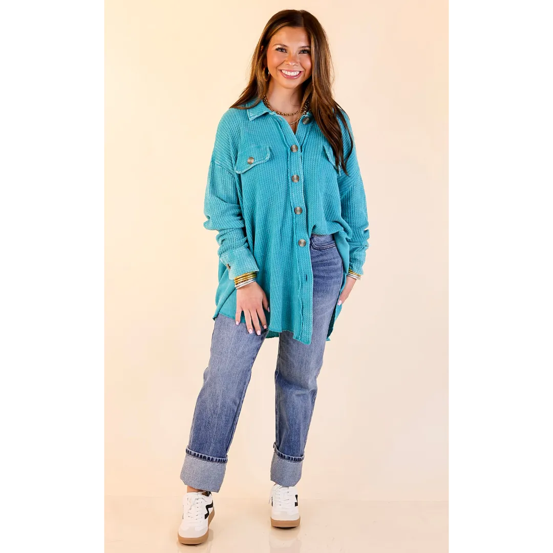 On the Move Long Sleeve Waffle Knit Button Up Shacket in Turquoise Blue Nordic Light