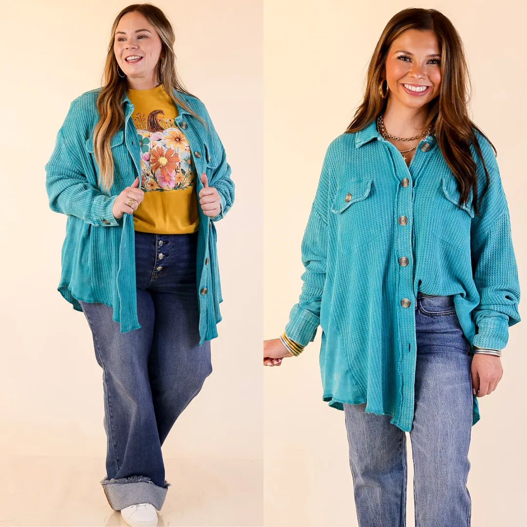 Strong Edge Joy Mood On the Move Long Sleeve Waffle Knit Button Up Shacket in Turquoise Blue