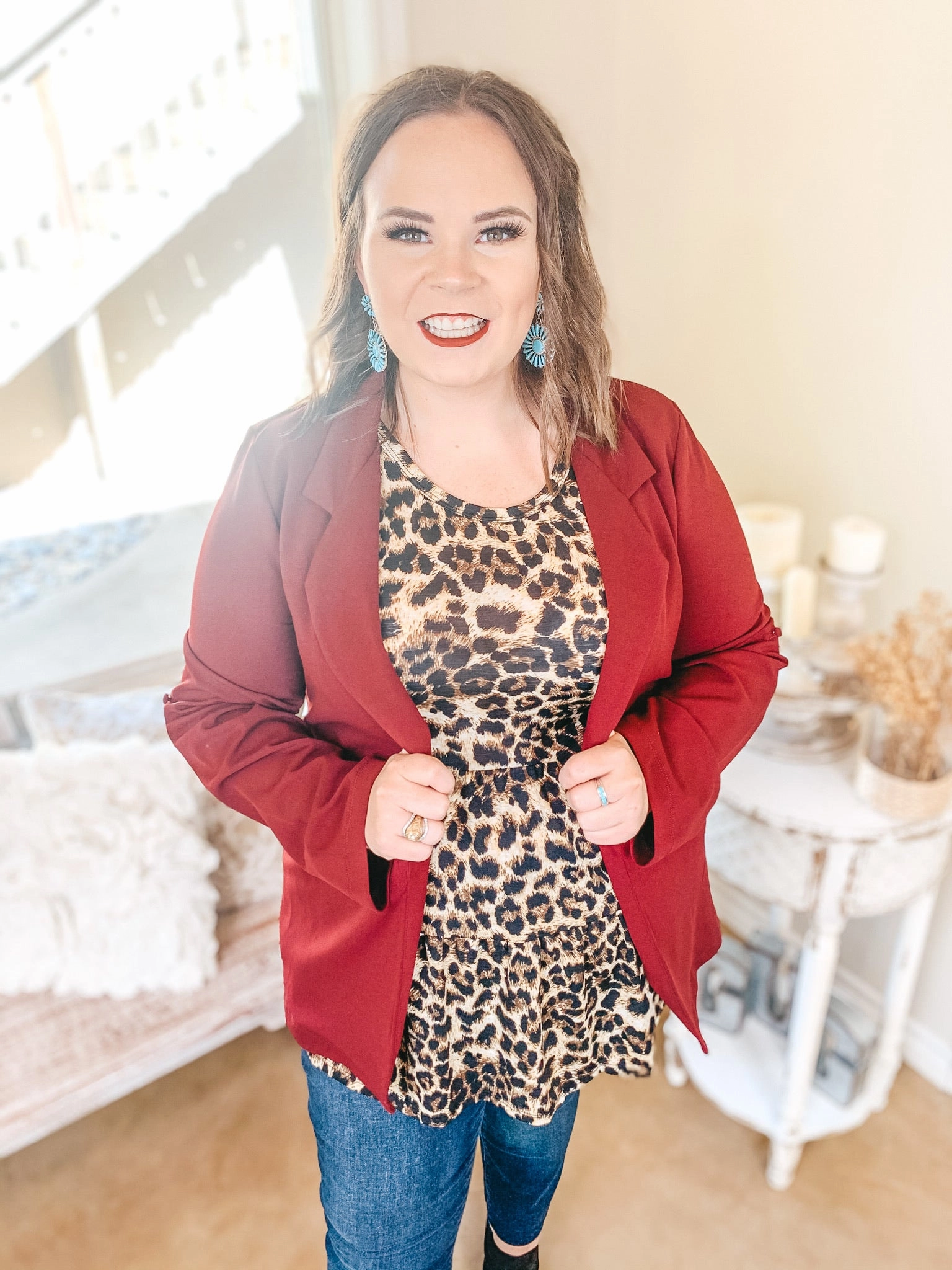 FlexibleElasticity Legally Blonde 3/4 Sleeve Open Front Collared Blazer in Maroon