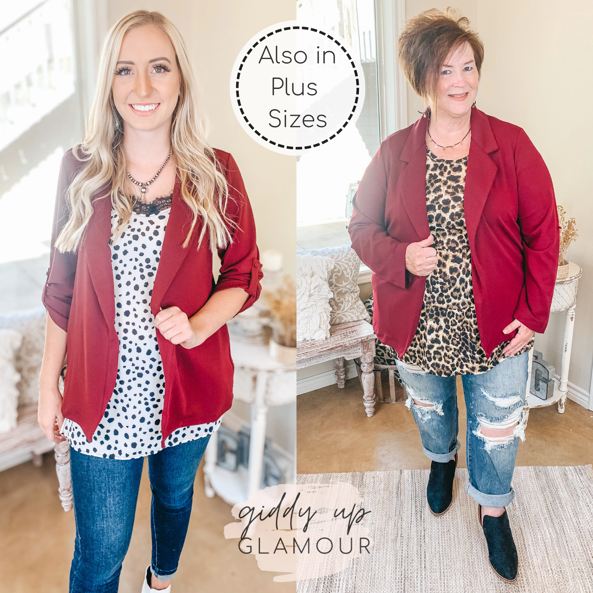 Legally Blonde 3/4 Sleeve Open Front Collared Blazer in Maroon FlexibleCollarDesign