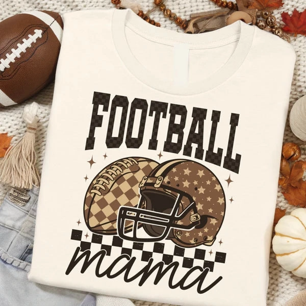 Online Exclusive | Brown Checkered Football Mama Graphic on Short Sleeve Tee in Natural Cream Light and Soft Minimalist Design