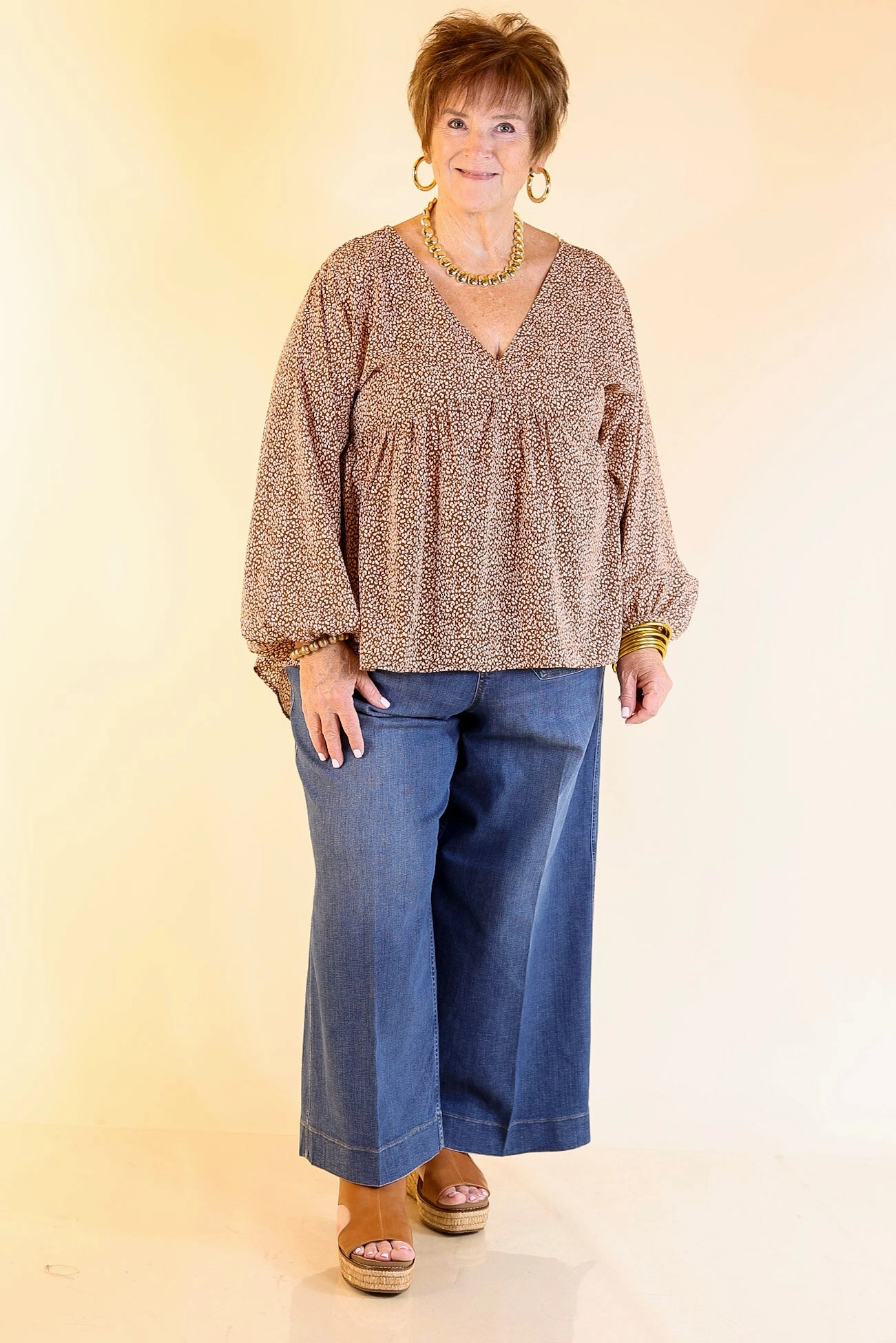 Functional Wear Really Dreamy Small Leopard Print Babydoll Top with Long Sleeves in Brown