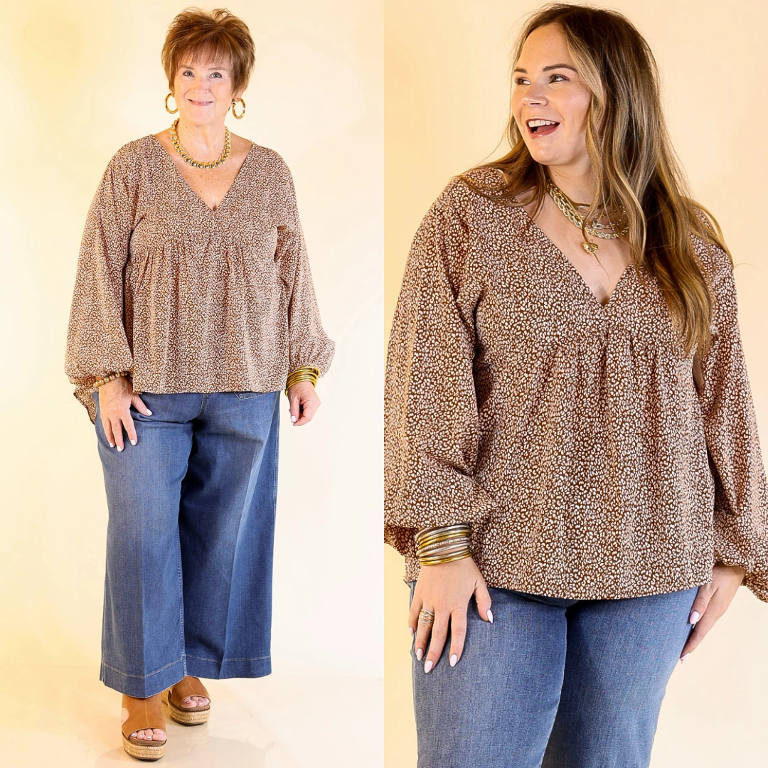 Really Dreamy Small Leopard Print Babydoll Top with Long Sleeves in Brown Tagless label