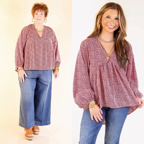 Everyday Wear Seasonal Wear Really Dreamy Small Leopard Print Babydoll Top with Long Sleeves in Burgundy Red