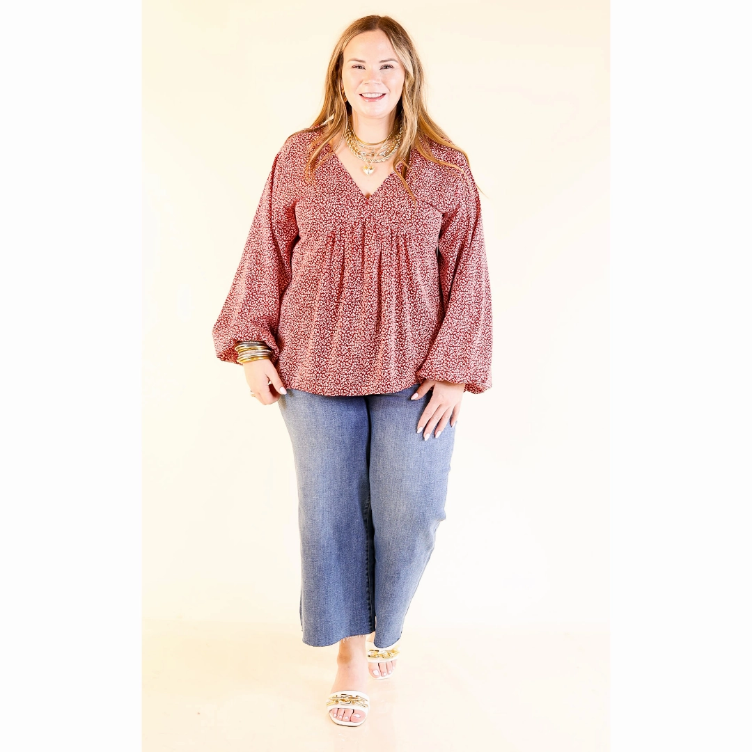 Really Dreamy Small Leopard Print Babydoll Top with Long Sleeves in Burgundy Red Conference Appropriate