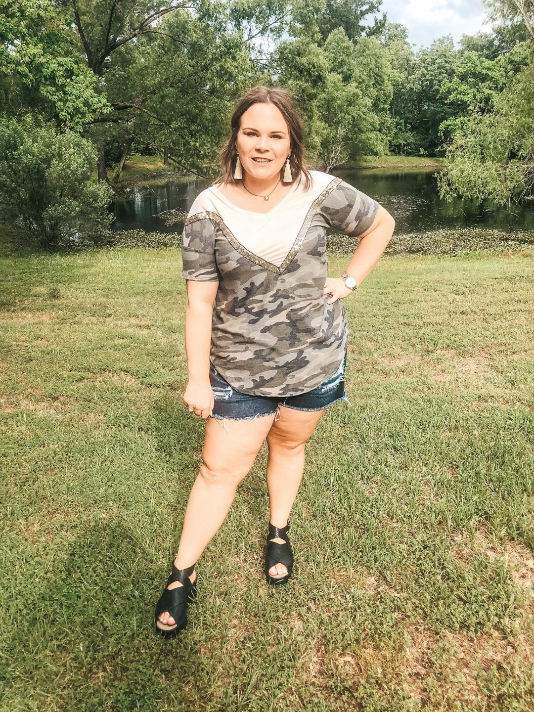 Silver Glow Keeping The Vibe V Neck Tee with Sequin Detailing in Camouflage and Ivory