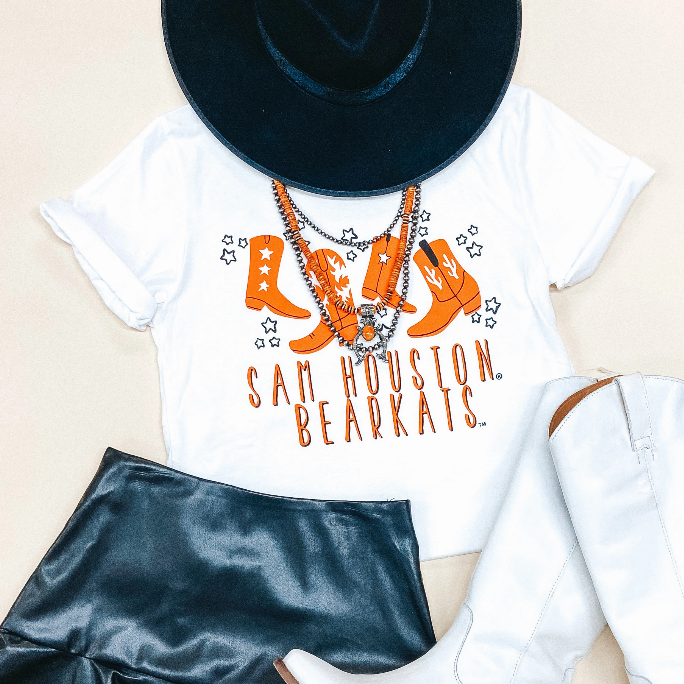 Fall Mood Zen Ease Bearkat Game Day | Sam Houston Bearkats Cowgirl Hat Short Sleeve Graphic Tee in White