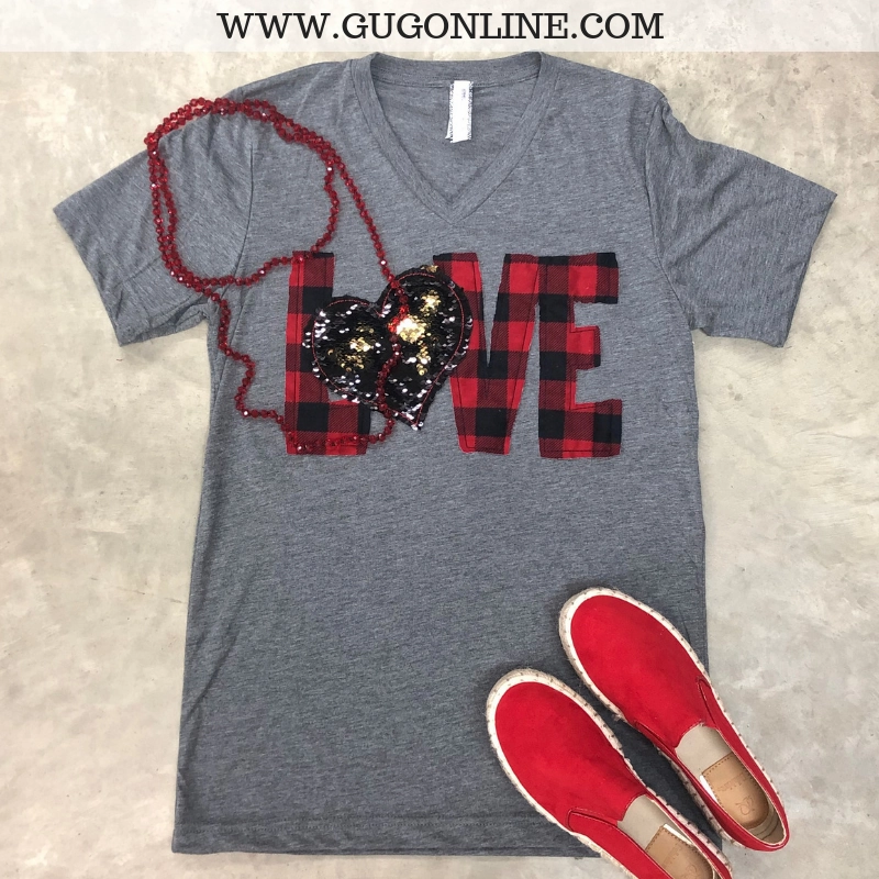 Last Chance Size Small | When Love Sparkles Buffalo Plaid Short Sleeve Tee with Sequin Heart in Heather Grey Soft Cotton Blend