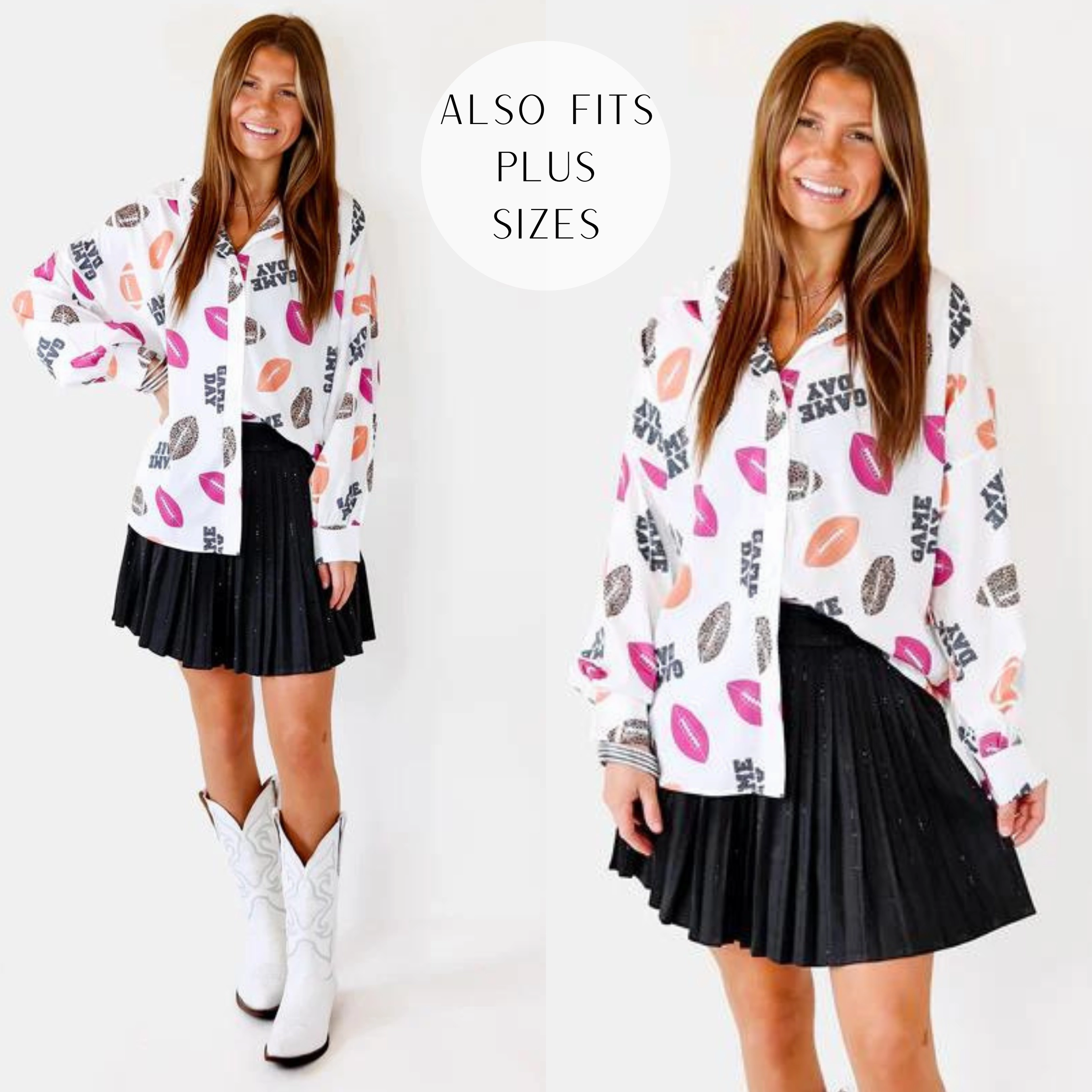 Non Restrictive Fit AdjustableNeckline The Gameday Way Button Up Football Print Top in White